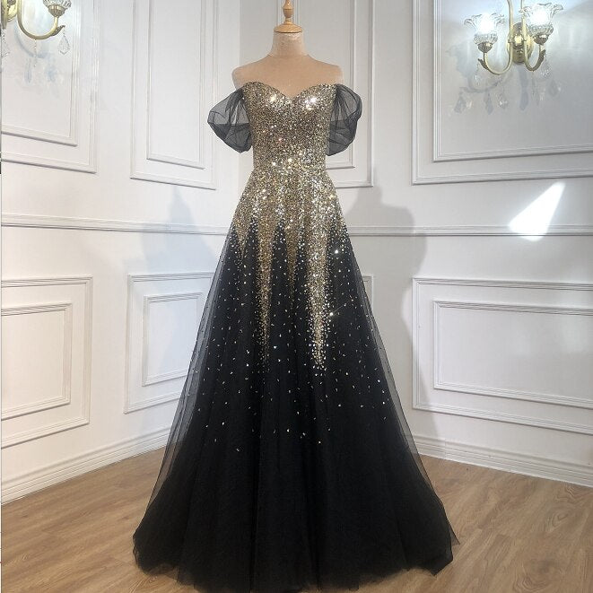 Serene Hill Luxury Black Gold A-Line Evening Gowns for Women 2025 - Sparkle Beaded Sexy Party Dresses for Prom, Gala & Special Occasions - LA70838