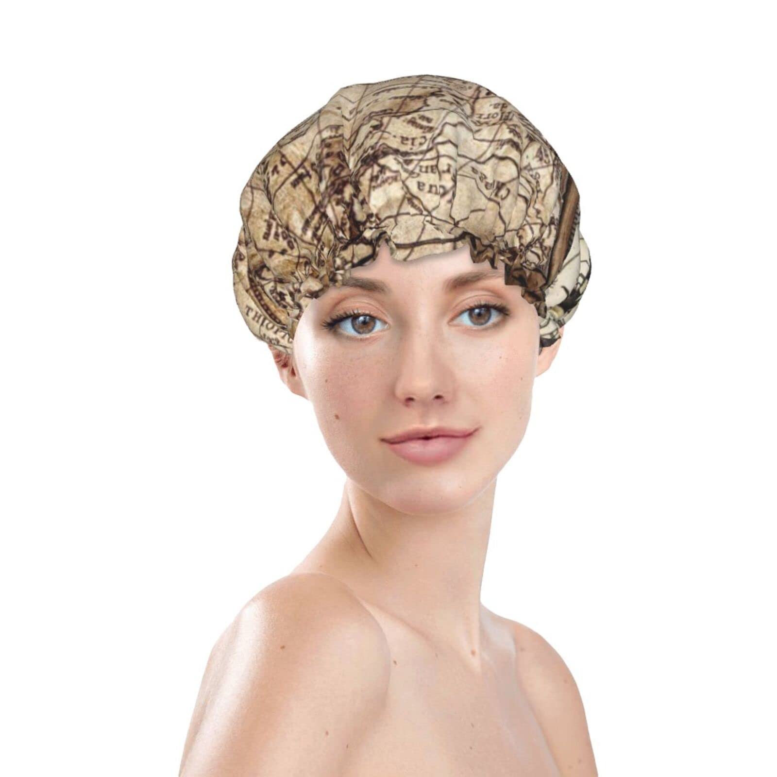 Waterproof Reusable Shower Cap for Women - Nautical Compass Map Design, Double Layer Bathing Hair Cap for Shower, Swimming & Spa - Perfect for Travel, Gym & Home Use