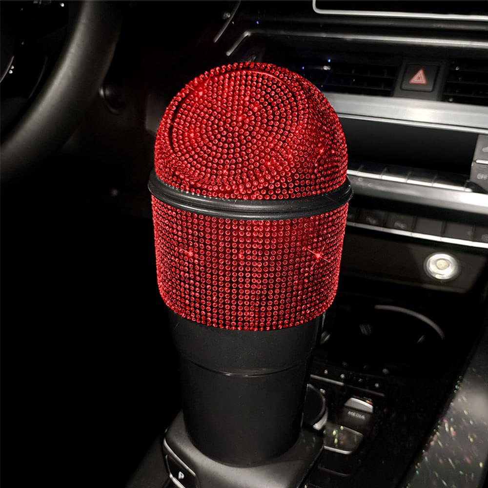 Bling Rhinestone Car Garbage Can with Lid - Mini Trash Bin for Car, Home, Office, Kitchen, Bedroom - Red - Perfect for Road Trips, Daily Commute, and Organized Spaces
