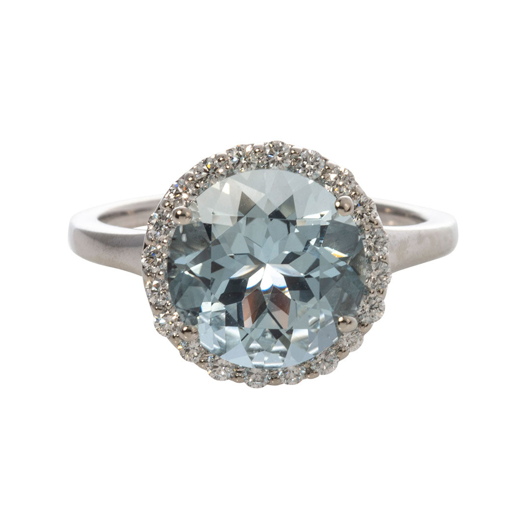 14K White Gold Round Aquamarine & Diamond Halo Ring - Elegant Engagement, Anniversary or Gift Jewelry for Women
