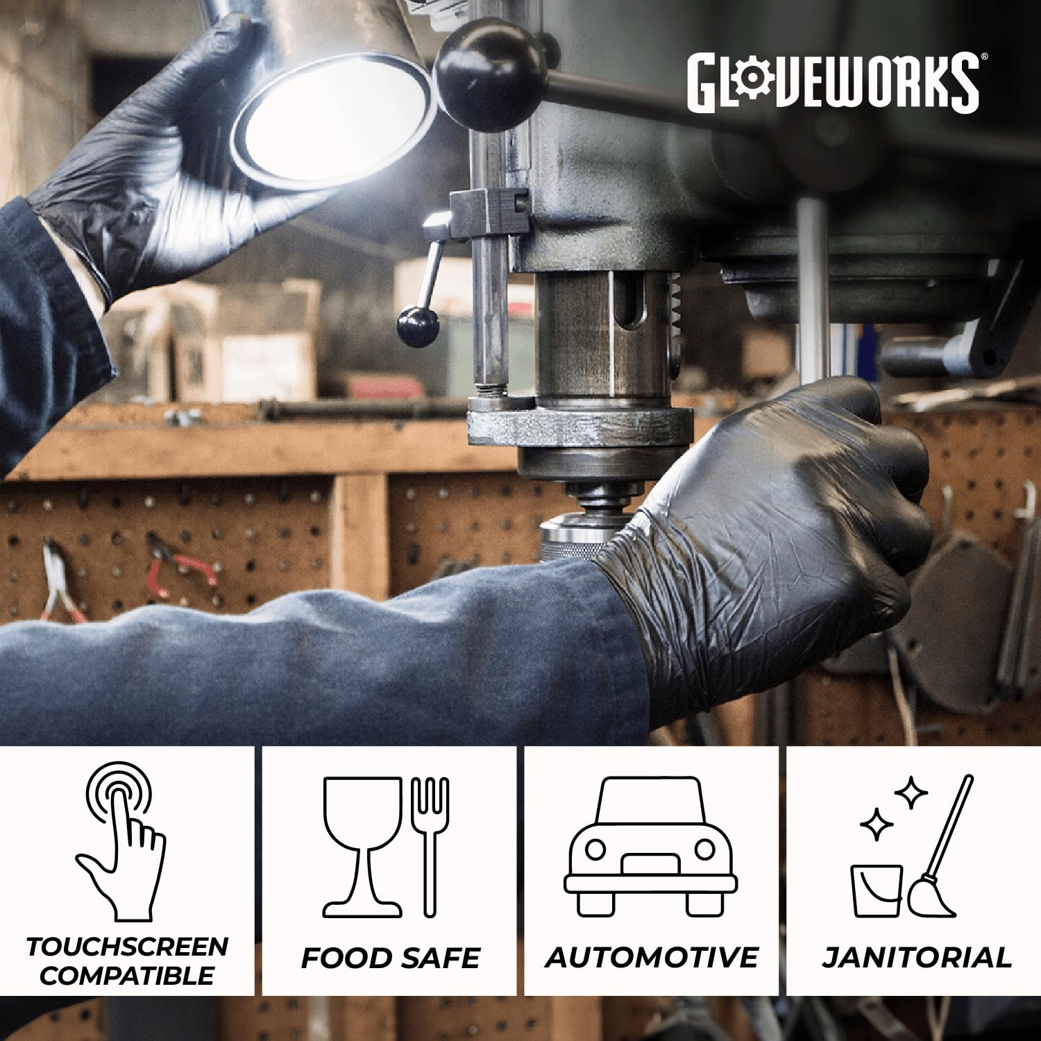 GLOVEWORKS Black Disposable Nitrile Industrial Gloves - 5 Mil Thick, Latex-Free & Powder-Free, Food Safe, Textured Grip - Ideal for Food Handling, Medical Use, Cleaning & DIY Projects