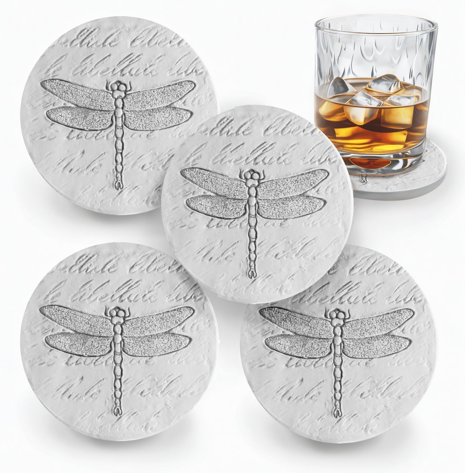 Premium Dragonfly Absorbent Drink Coasters Set of 4 - Non-Slip Cork Coasters for Hot & Cold Beverages - Perfect for Home, Office, or Outdoor Use
