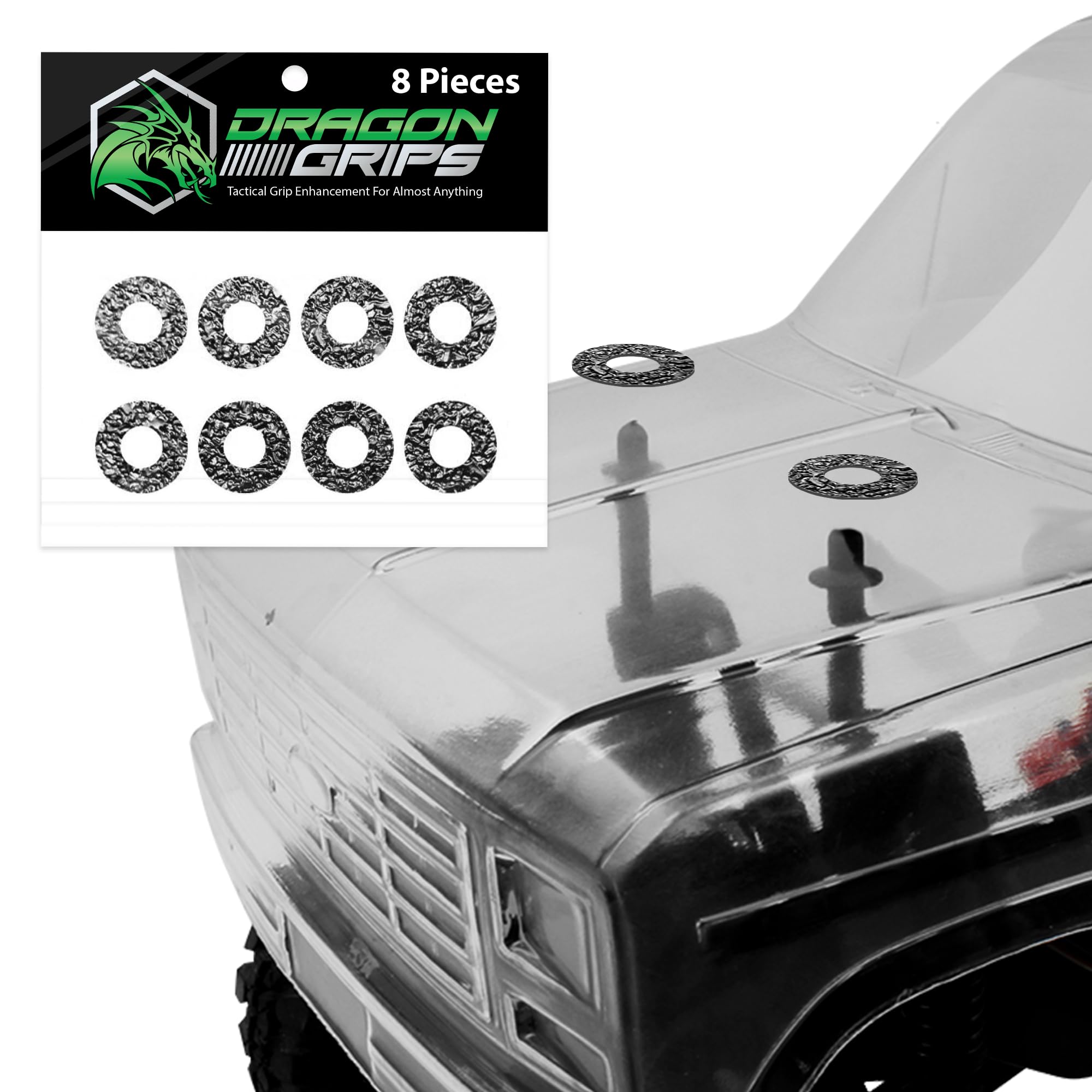 Dragon Grips 8-Piece RC Car Body Mounts Protection Kit - Small Black PVC Clips & Washers for Secure Body Mounting & Impact Protection | Perfect for RC Cars, Trucks, and Off-Road Vehicles