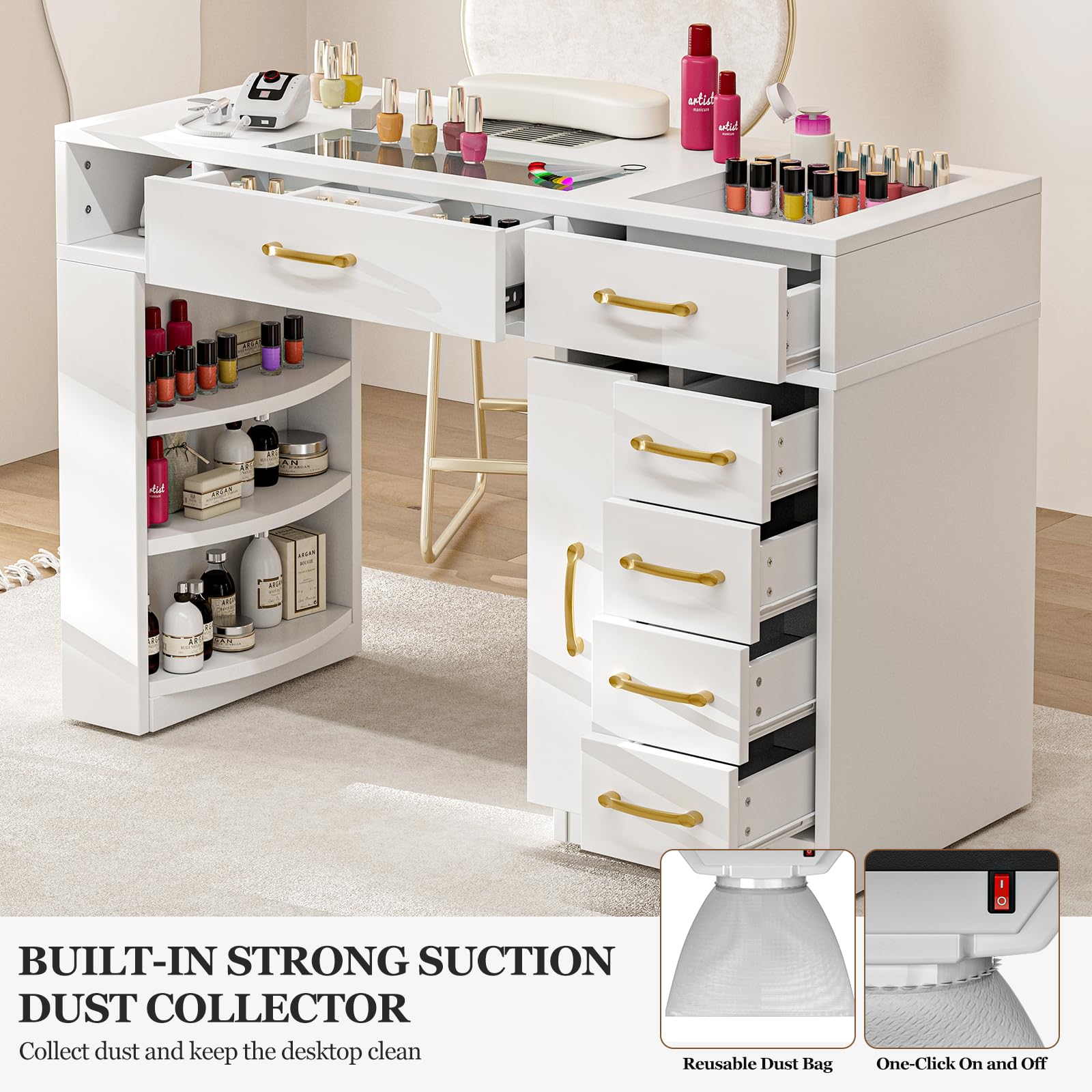 Professional Manicure Table Nail Station for Nail Technicians - Acetone Resistant Glass Top with Built-in Dust Collector - 7 Drawers & 3-Tier Shelves Beauty Workstation - Ergonomic Wrist Cushion & Golden Handles (White) - Perfect for Salon, Spa & Home Nail Art Studio