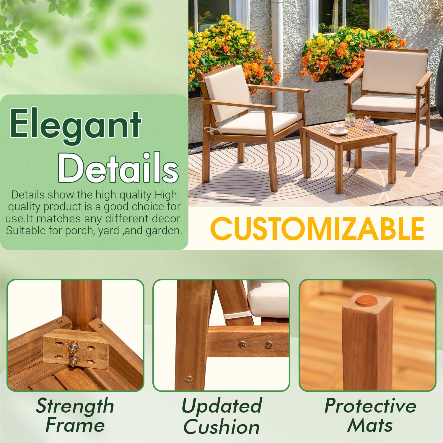 Greesum 3-Piece Outdoor Patio Furniture Set - Acacia Wood Bistro Sofa with 2 Chairs & Coffee Table, Includes Cushions - Perfect for Garden, Backyard, Poolside, Deck or Patio - White Weather-Resistant Conversation Set
