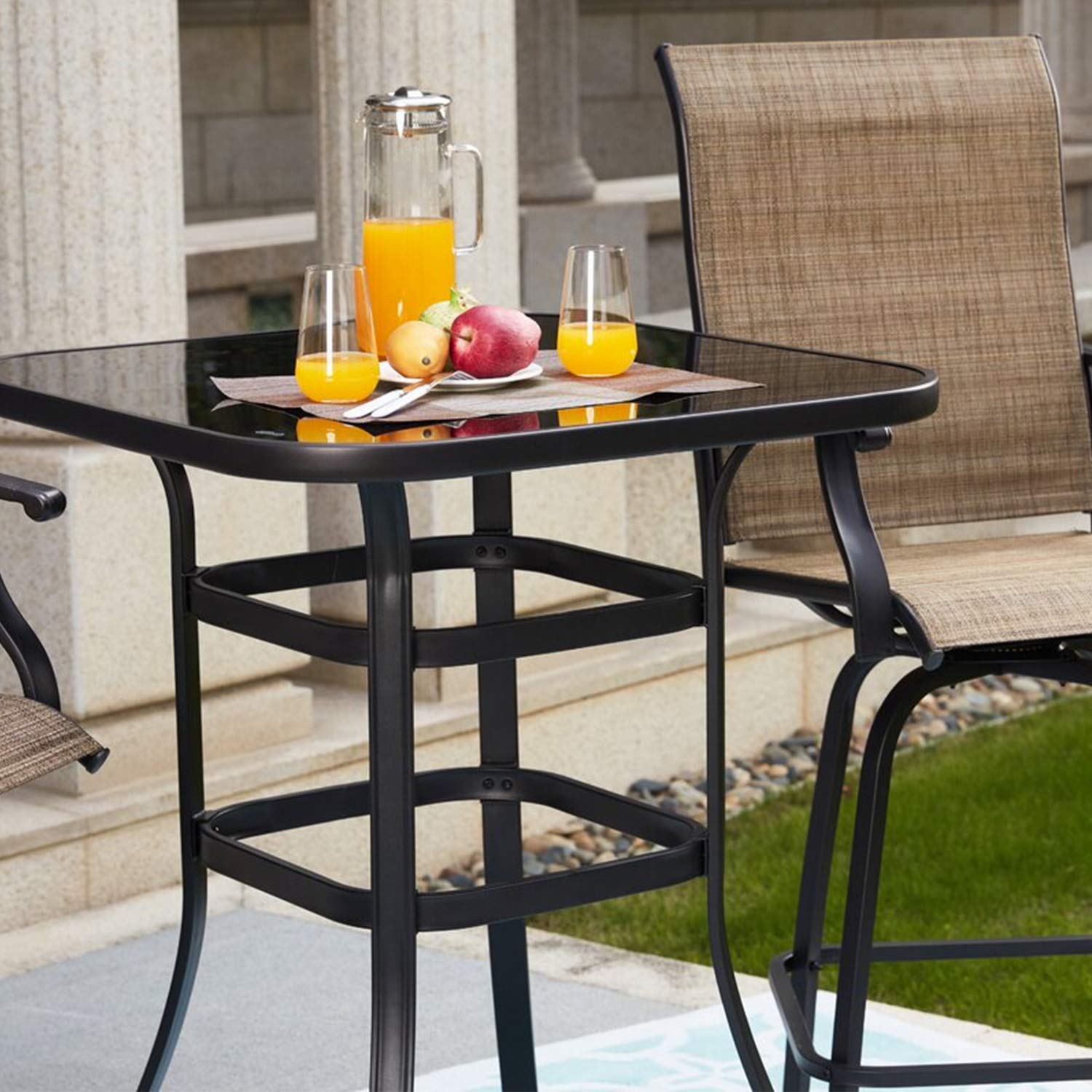 Outdoor Bistro Table - Black Metal Frame & Glass Top for Patio, Poolside, Balcony