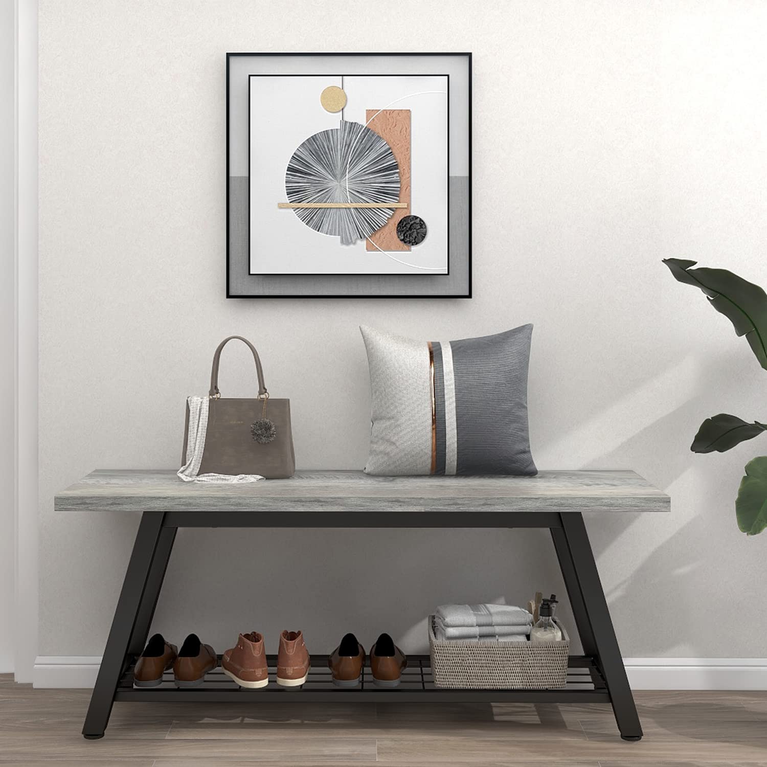 Rustic Grey Storage Bench - Industrial Wooden & Metal Entryway Shoe Organizer, Long Hallway Seat for Bedroom, Farmhouse Style | Perfect for Small Spaces, Mudroom, Living Room & Home Decor