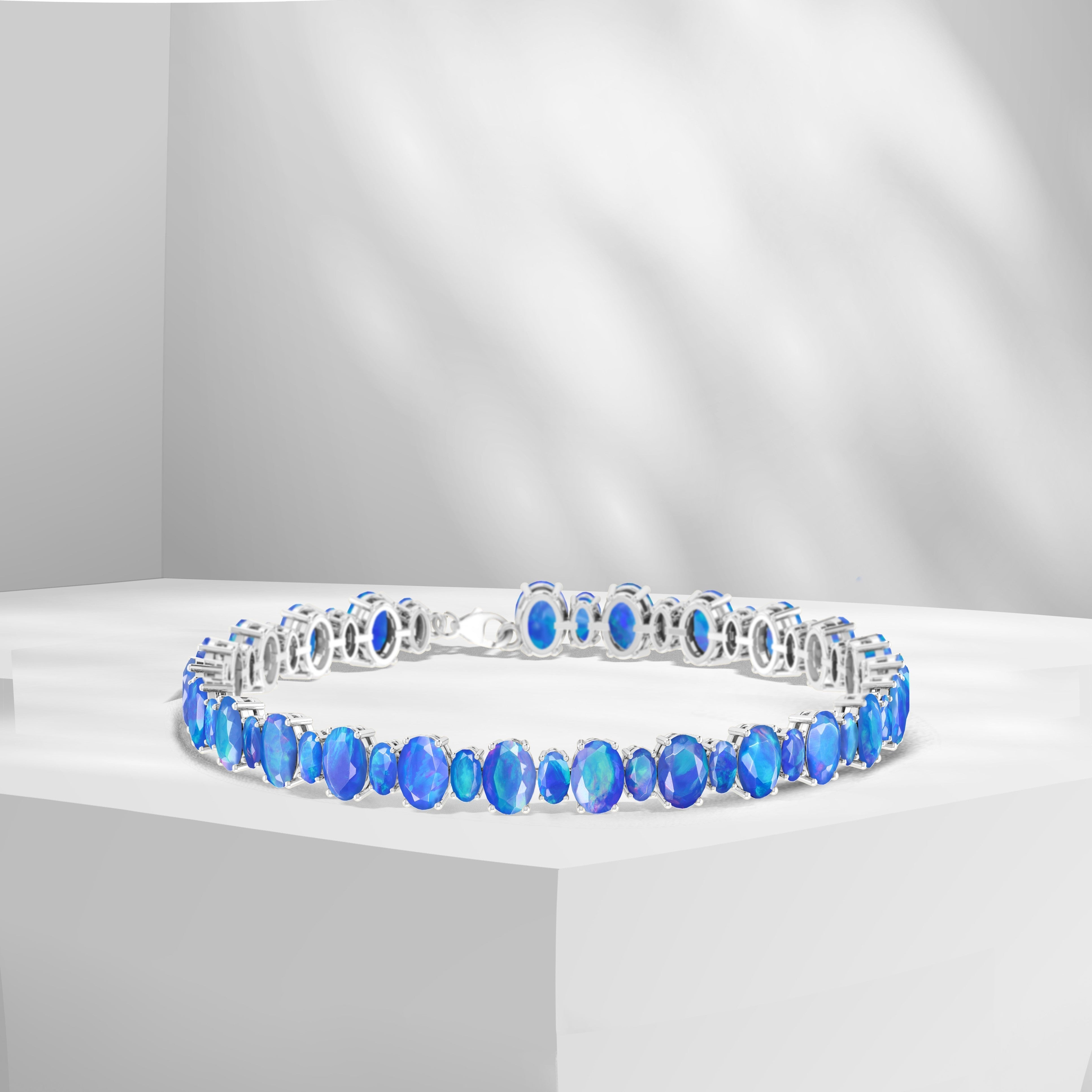 Blue Fire Opal Oval Gemstone Bracelet for Women - Elegant Handmade Jewelry Gift for Birthday, Anniversary & Special Occasions