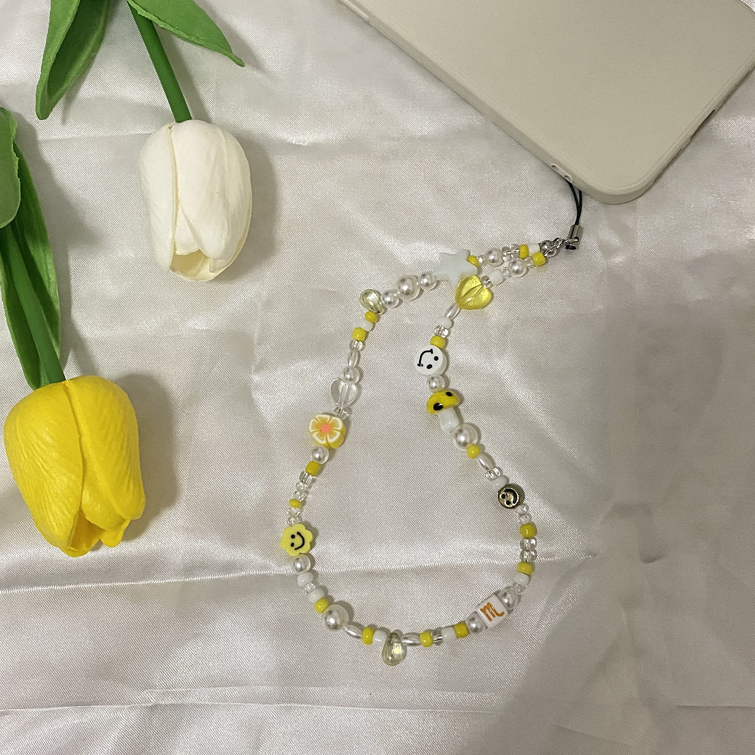 Beaded Phone Charm & Lanyard Wrist Strap - Polymer Clay Smiley Face Beads Bracelet Keychain Jewelry Accessory - Perfect for Cell Phone, Keys & Purse Organization (Gift Idea)