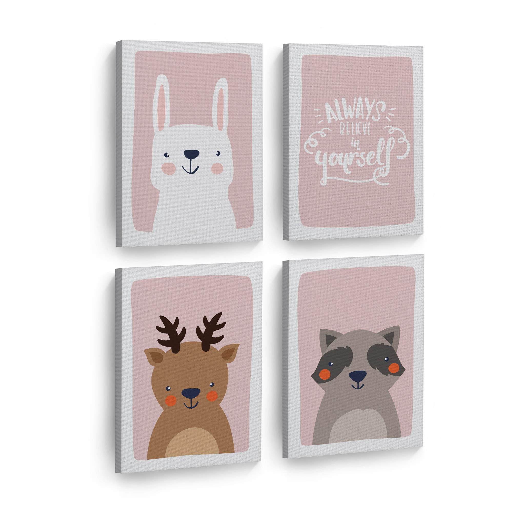 Cute Rabbit Deer Raccoon Canvas Wall Art Set - 4 Piece Nursery Decor with Inspirational Quotes on Pink Background - Ready to Hang Kids Room Decor for Boys & Girls (36x24 inches) - Perfect for Baby Bedrooms, Playrooms & Nursery Wall Decor - Made in USA