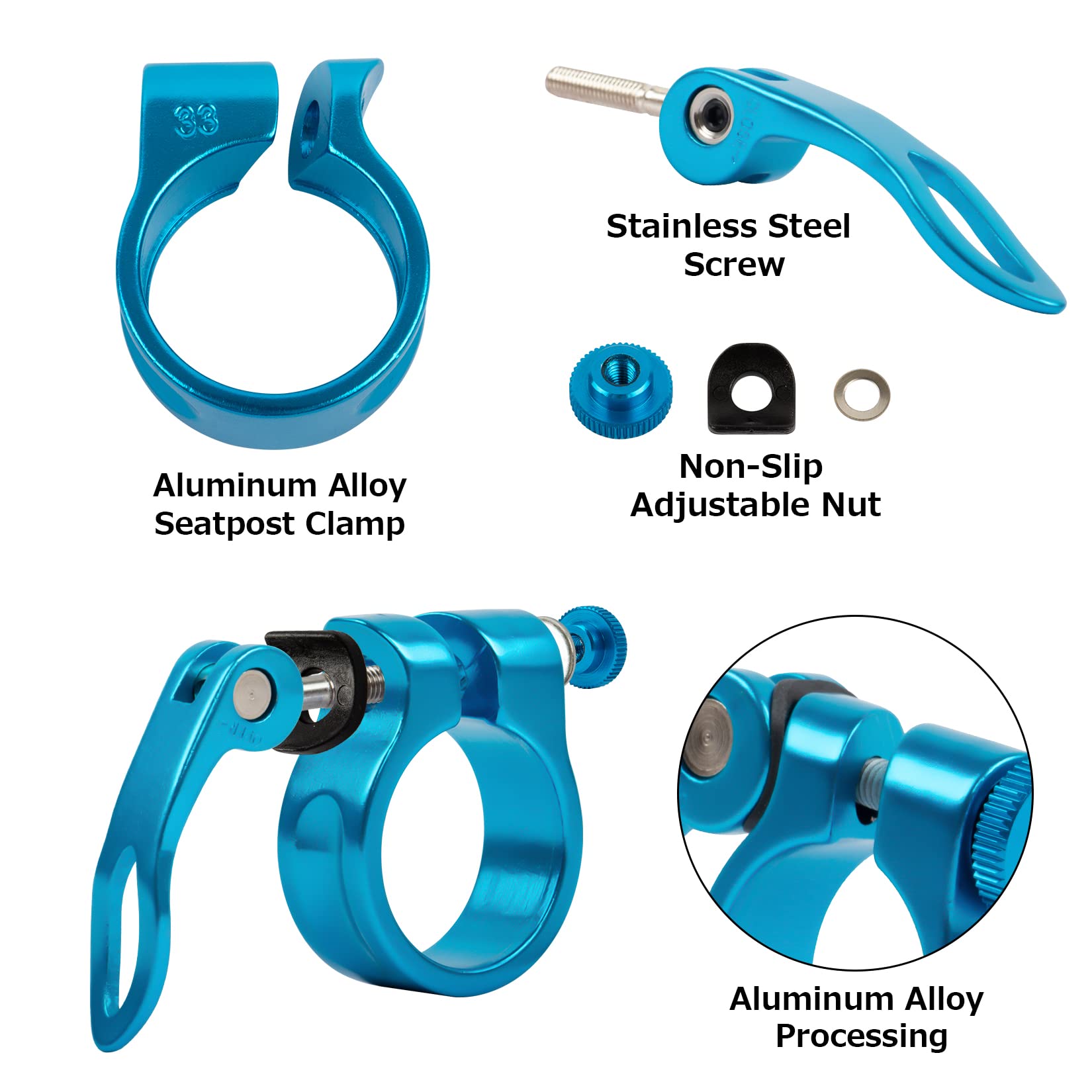 PSLER 31.8mm Bike Seat Post Clamp Quick Release for Mountain Road & Casual Bicycles - Lightweight Aluminum Alloy Seatpost Clamp (Blue) - Perfect for MTB Trail Riding, Commuting & Urban Cycling