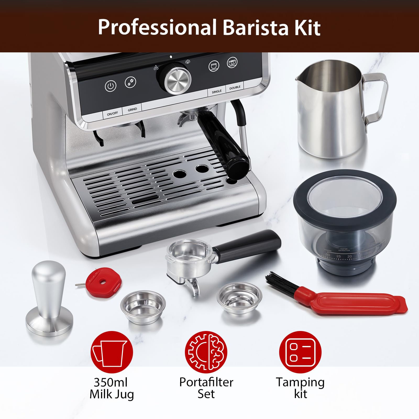 Professional 20 Bar Espresso Machine with Built-in Grinder & Milk Frother - 1450W, 2.8L Water Tank - Perfect for Home Baristas to Make Lattes, Cappuccinos & Macchiatos - Ideal for Coffee Shops, Offices & Gift Giving