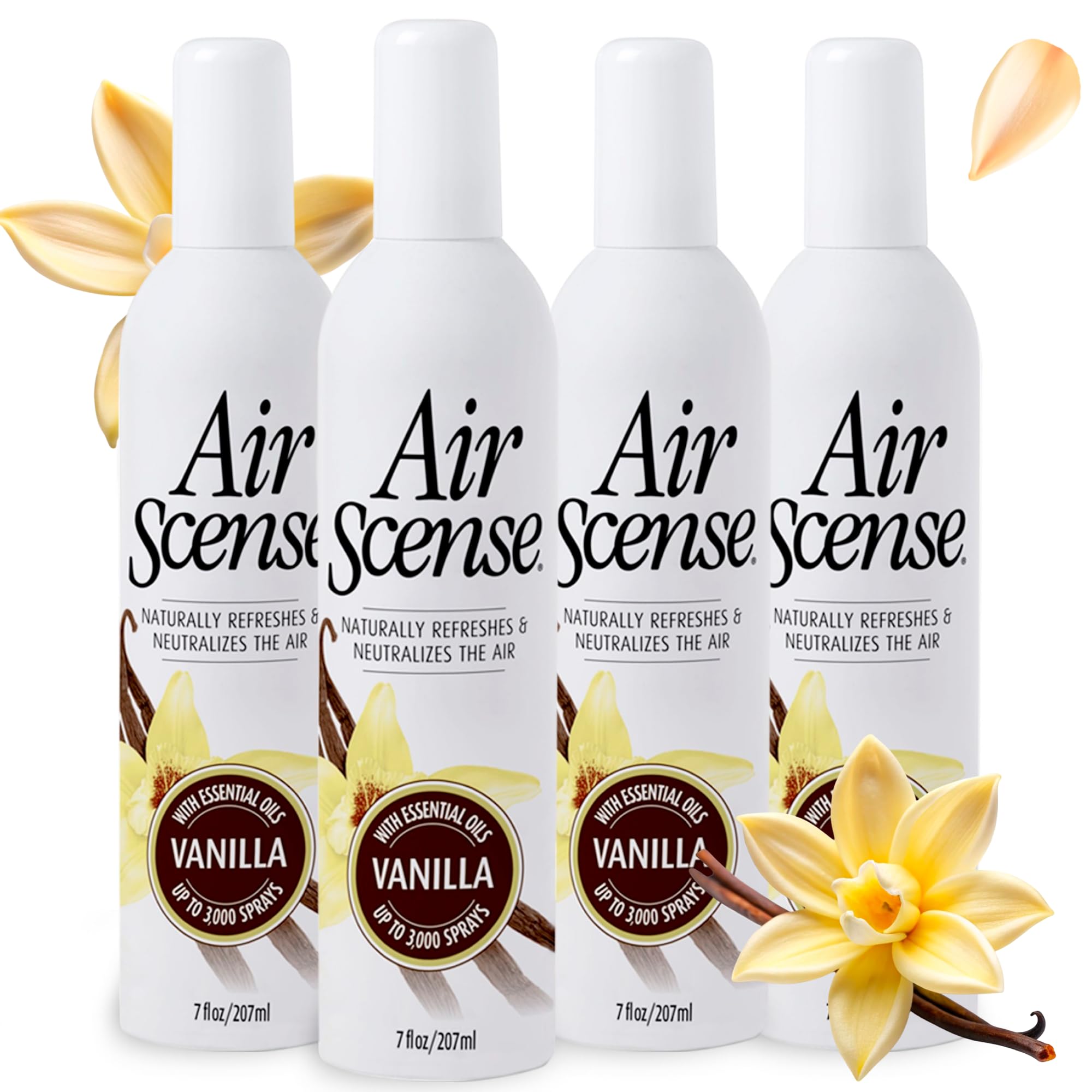 Air Scense Natural Vanilla Essential Oil Air Freshener & Deodorizer Spray - 7 fl oz (4-Pack) for Bathroom, Home, Office & Car - Eliminates Odors & Freshens Air Instantly