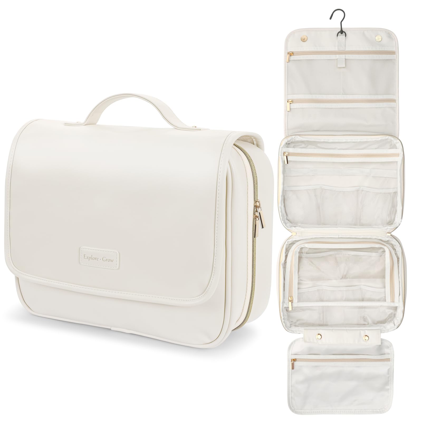 PACKISM Hanging Travel Toiletry Bag - Waterproof PU Leather Cosmetic Organizer with Inner Pockets for Full-Sized Toiletries & Small Items | Detachable U-Shaped Open Design | Perfect for Travel, Camping & Bathroom Storage (Large, Off White)