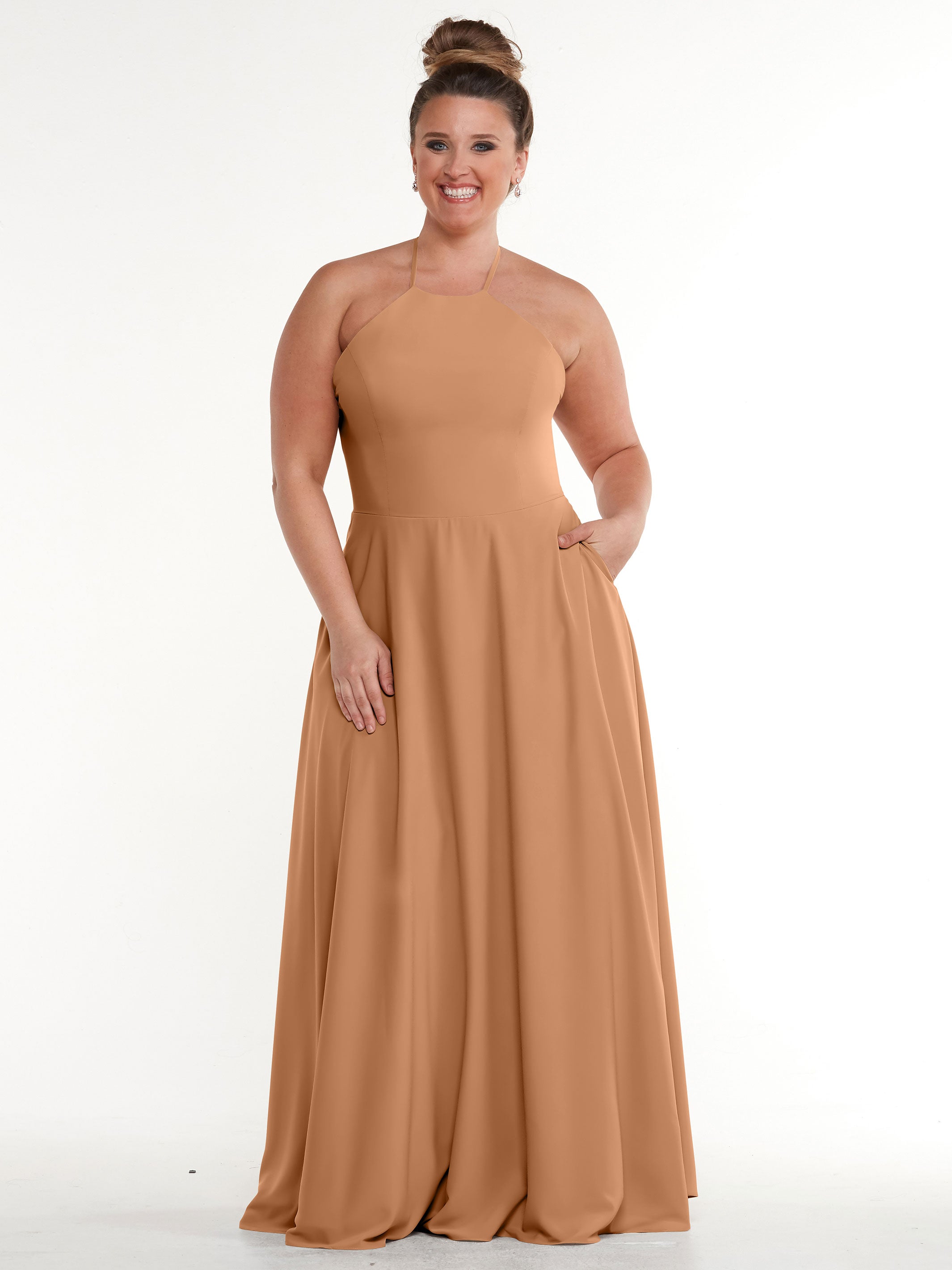 Elegant 83022 Stretch Chiffon Halter A-Line Bridesmaid Dress with Pockets - Perfect for Weddings, Parties & Formal Events
