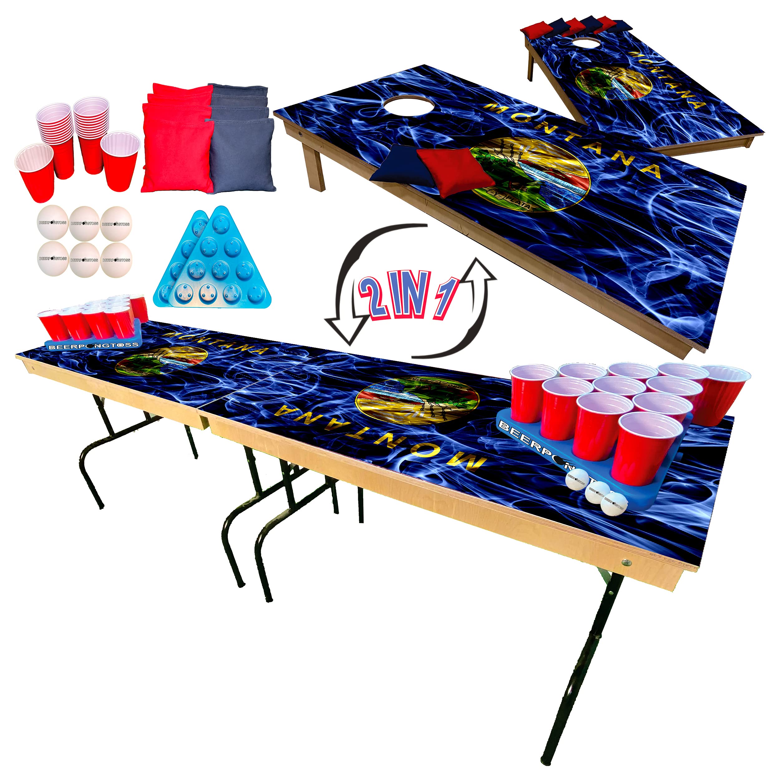 2-in-1 Cornhole & Tailgate Pong Table with Montana State Flag Design - 8Ft Portable Game Set for College Parties, Tailgating & Backyard Fun - Includes 2 Cornhole Boards (4x2Ft), 8 Bags, 22 Cups, 6 Balls & 2 Racks - Perfect for Outdoor Gatherings, BBQs & Game Nights