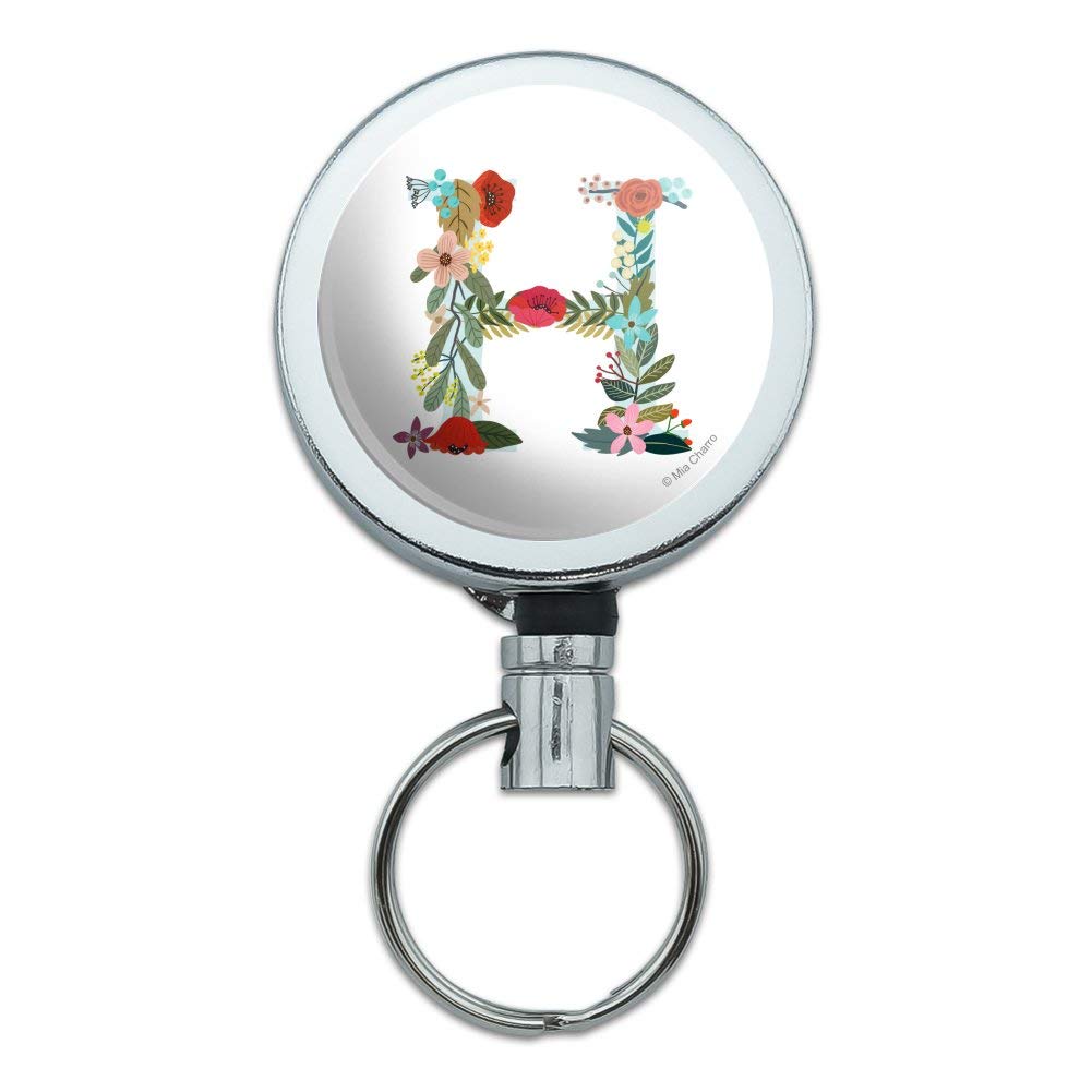 Floral Monogram Letter H Metal Retractable ID Badge Holder - Heavy Duty Key Card Tag with Belt Clip - Perfect for Office, School, and Security Access Control