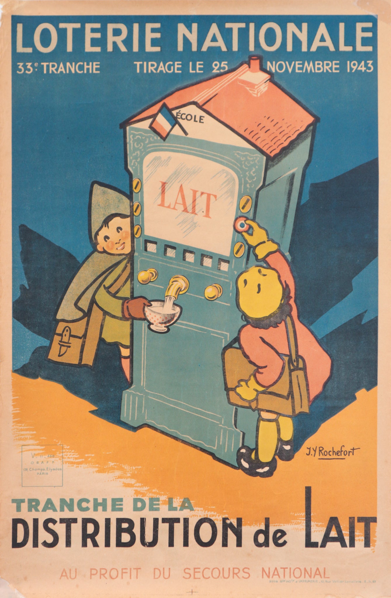Vintage 1943 French Loterie Nationale Poster - Tranche de la Distribution de Lait Milk Machine - Rare Collectible Art for Home Decor & Office Wall Art