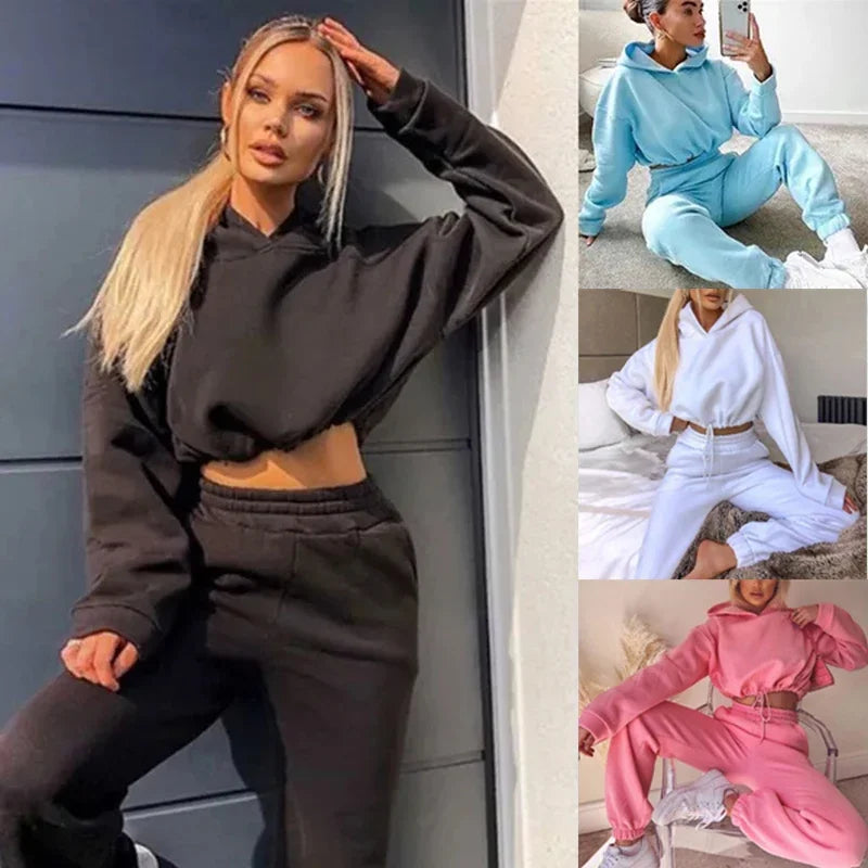 Women's Autumn Winter Sweatshirt Set - Solid Color Casual Hooded 2 Piece Outfit for Gym, Jogging & Lounge Wear | Fashionable Pant Sets for Women