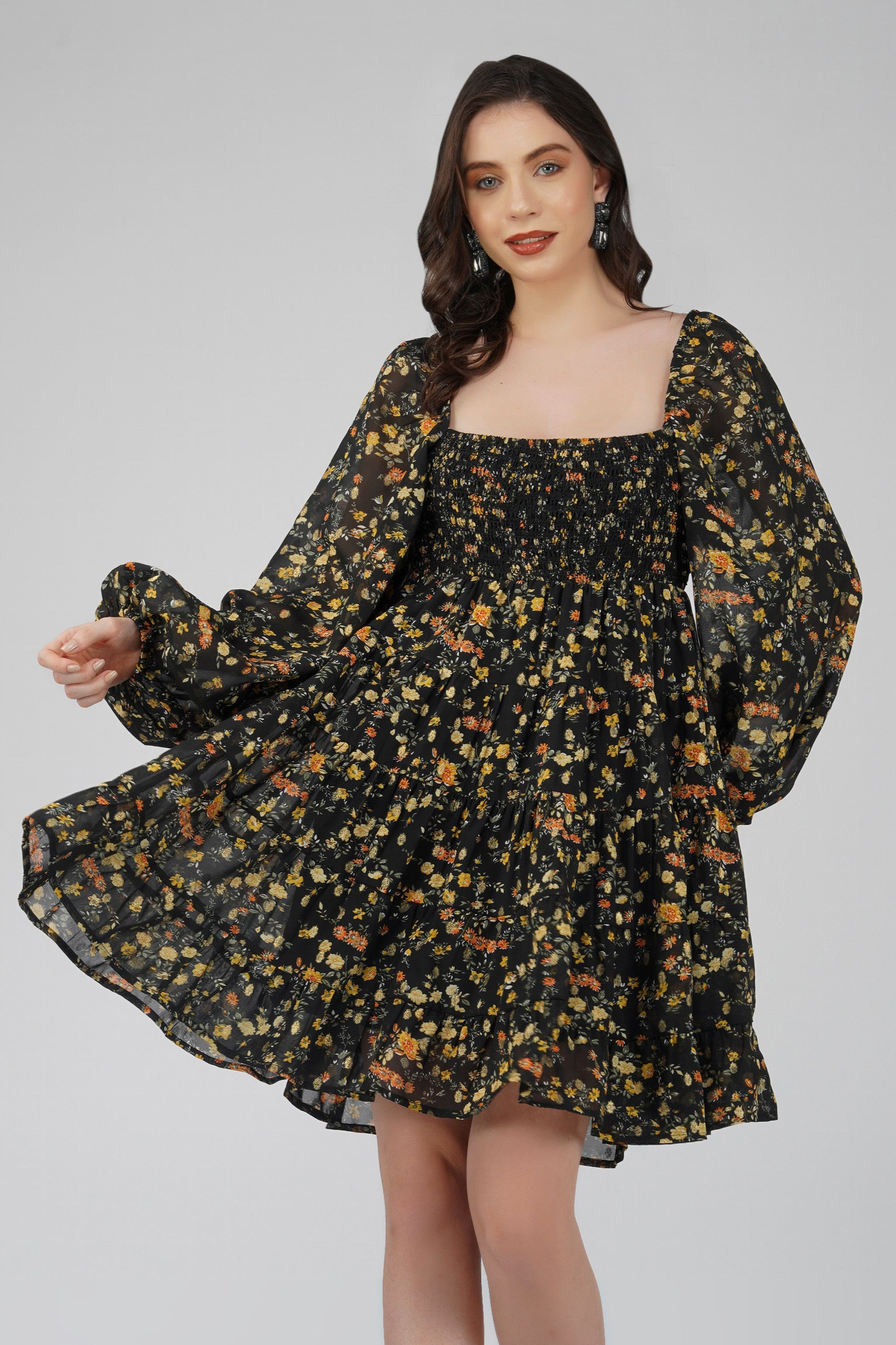 Biba Mini Dress in Black Floral Print - Elegant Flowy Summer Dress for Women, Perfect for Parties, Dates & Beach Vacations