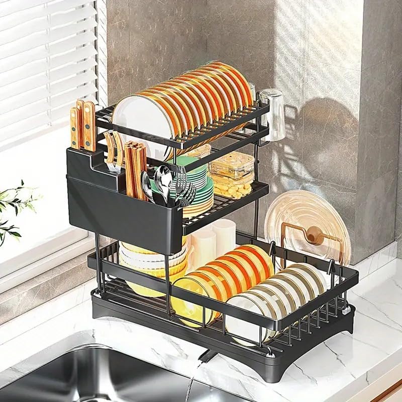 CBEX 3-Tier Stainless Steel Dish Drying Rack with Drain Tray - Space Saving Kitchen Countertop Organizer for Plates, Bowls & Utensils | Perfect for Small Kitchens, Apartments & RV Use
