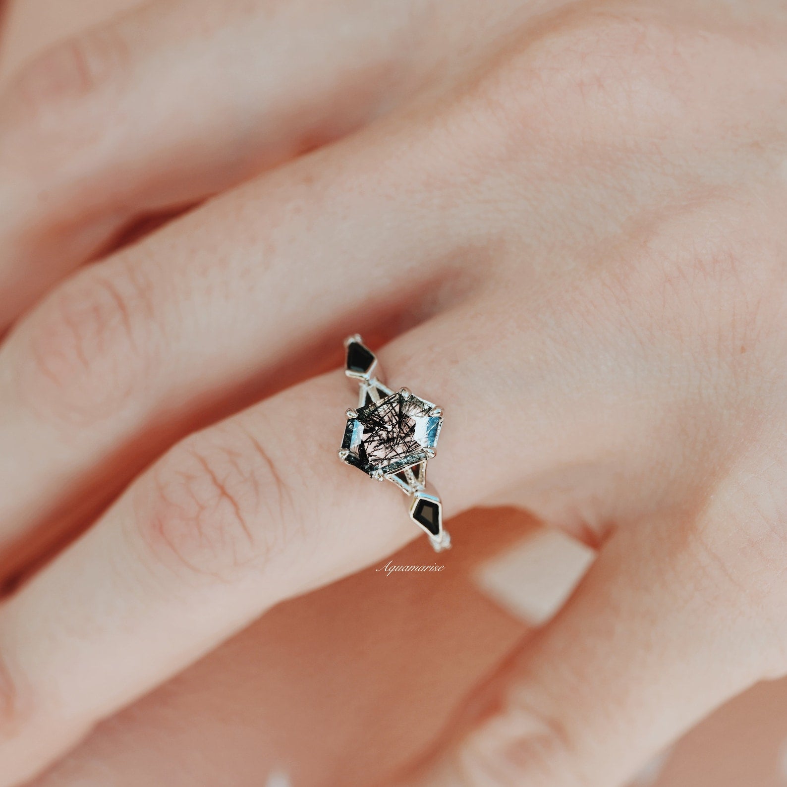 Hexagon Rutilated Quartz and Black Onyx Ring - 14K White Gold Wedding Band, Engagement Ring, Anniversary Gift for Women