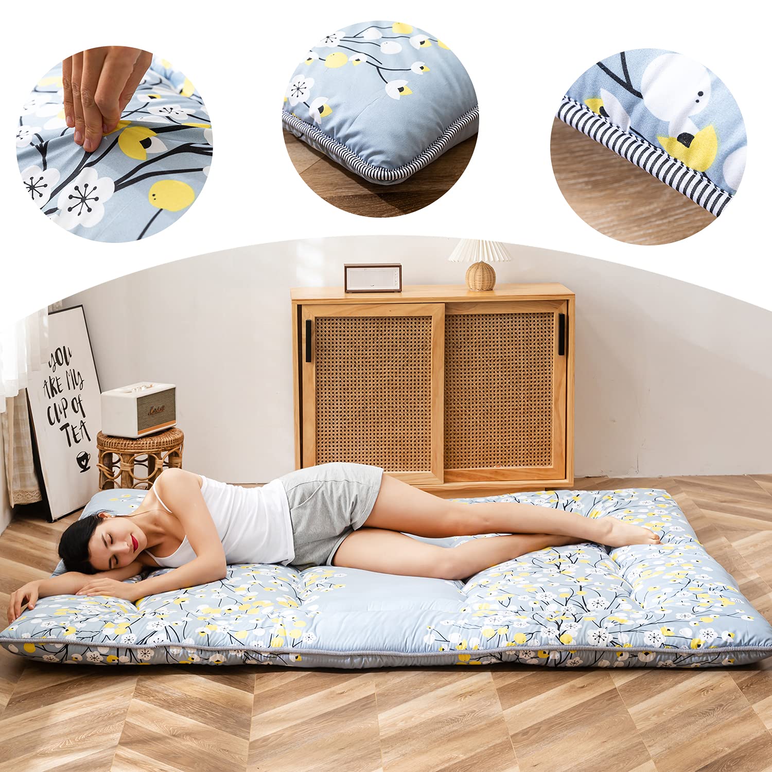 MAXYOYO Japanese Futon Floor Mattress - Portable Thick Sleeping Pad, Foldable Guest Bed & Camping Mattress Topper - Queen Size for Home, Travel & Outdoor Use