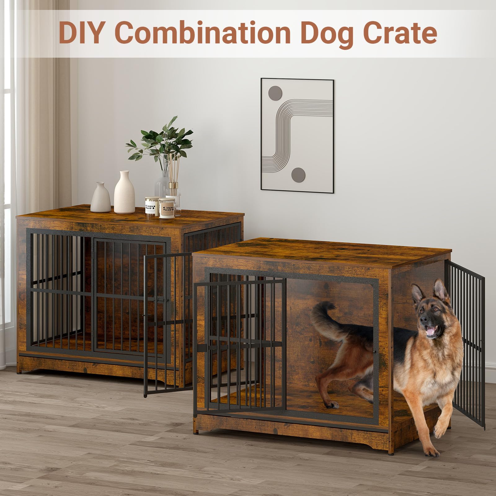 86 Inch Double Dog Crate Furniture with Divider - 4-in-1 Convertible Large Dog Kennel for 2 Dogs - Rustic Brown Corner Pet Crate for Small, Medium & Large Breeds - Perfect for Living Rooms, Bedrooms & Home Offices
