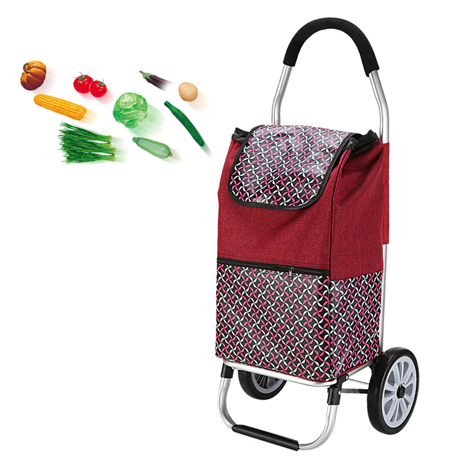 Foldable Grocery Shopping Cart with Wheels - Lightweight Trolley Bag for Food, Vegetables & Groceries - Portable Pull Cart for Market Trips, Errands & Convenient Shopping (Red)