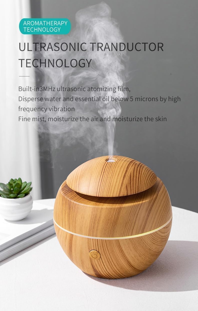 Wood Cool Mist Ultrasonic Humidifier & Essential Oil Diffuser with Colorful LED Lights - Auto Shut-Off for Home, Office, Car, and Travel - Perfect for Dry Air Relief, Aromatherapy, and Better Sleep