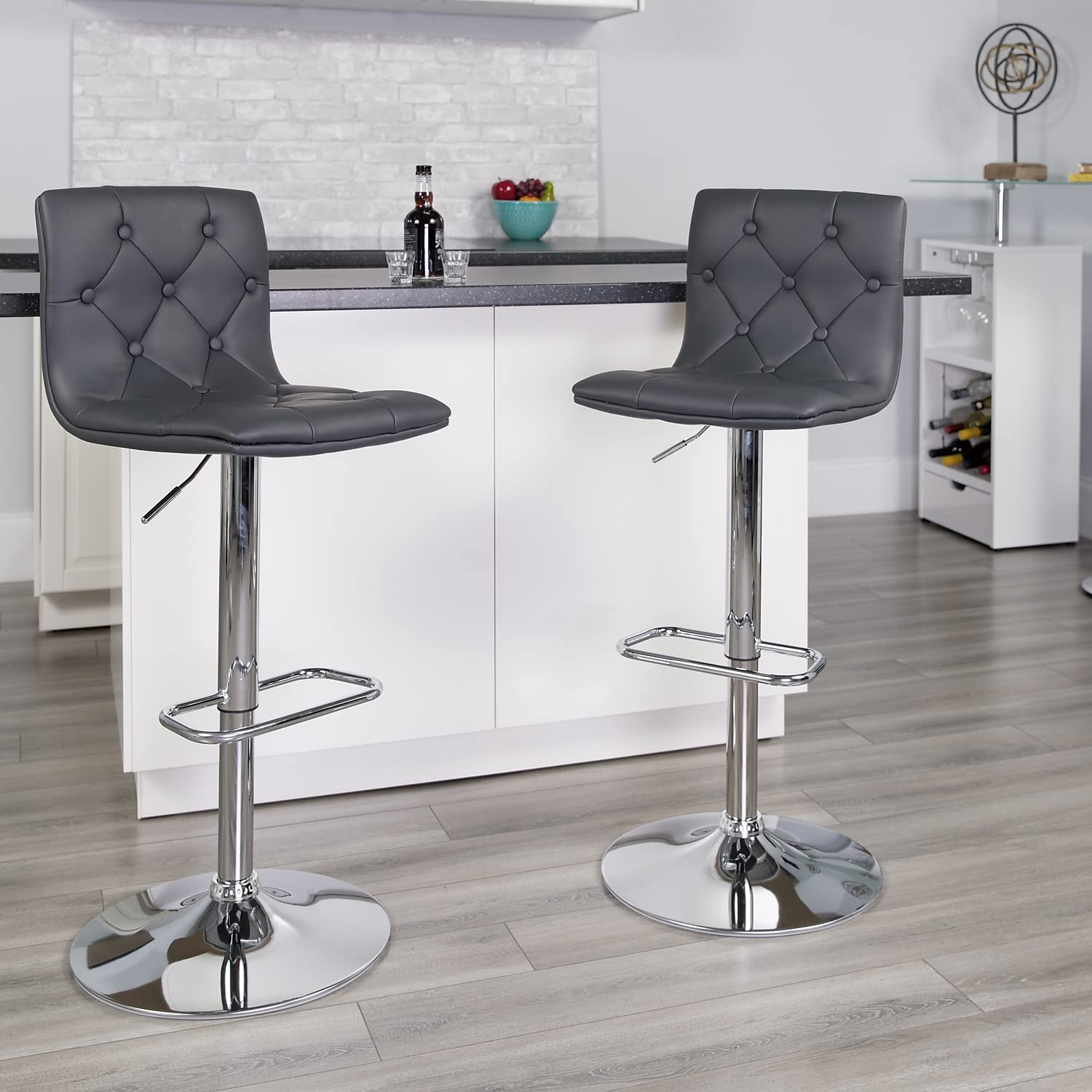 Flash Furniture Sammie 2-Pack Modern Adjustable Height Bar Stools - Gray Vinyl Button-Tufted Seating with Chrome Base - Perfect for Kitchen Islands, Home Bars & Breakfast Nooks