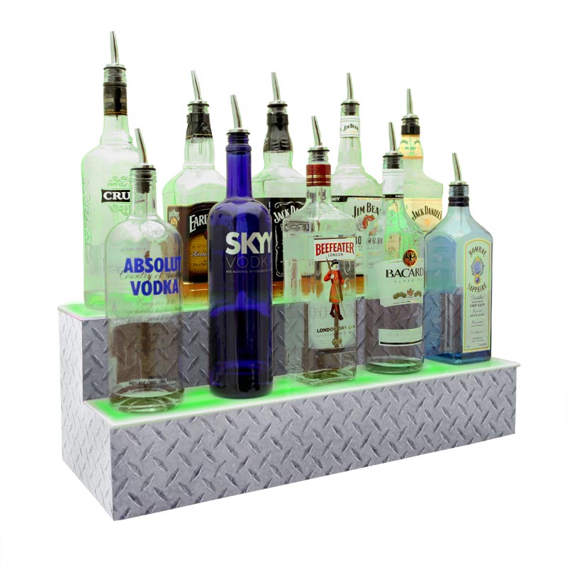 BarConic® LED Liquor Bottle Display Shelf - 2-Tier Diamond Plate Design with Adjustable Lengths for Home Bar, Restaurant & Retail Store Decor