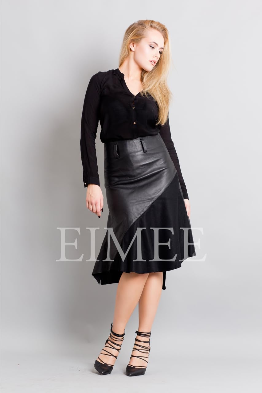 Handmade Genuine Leather Skirt for Women - High Waisted Winter Skirt with Wool Panels - Elegant Leather Pencil Skirt for Office, Party & Date Night Outfits