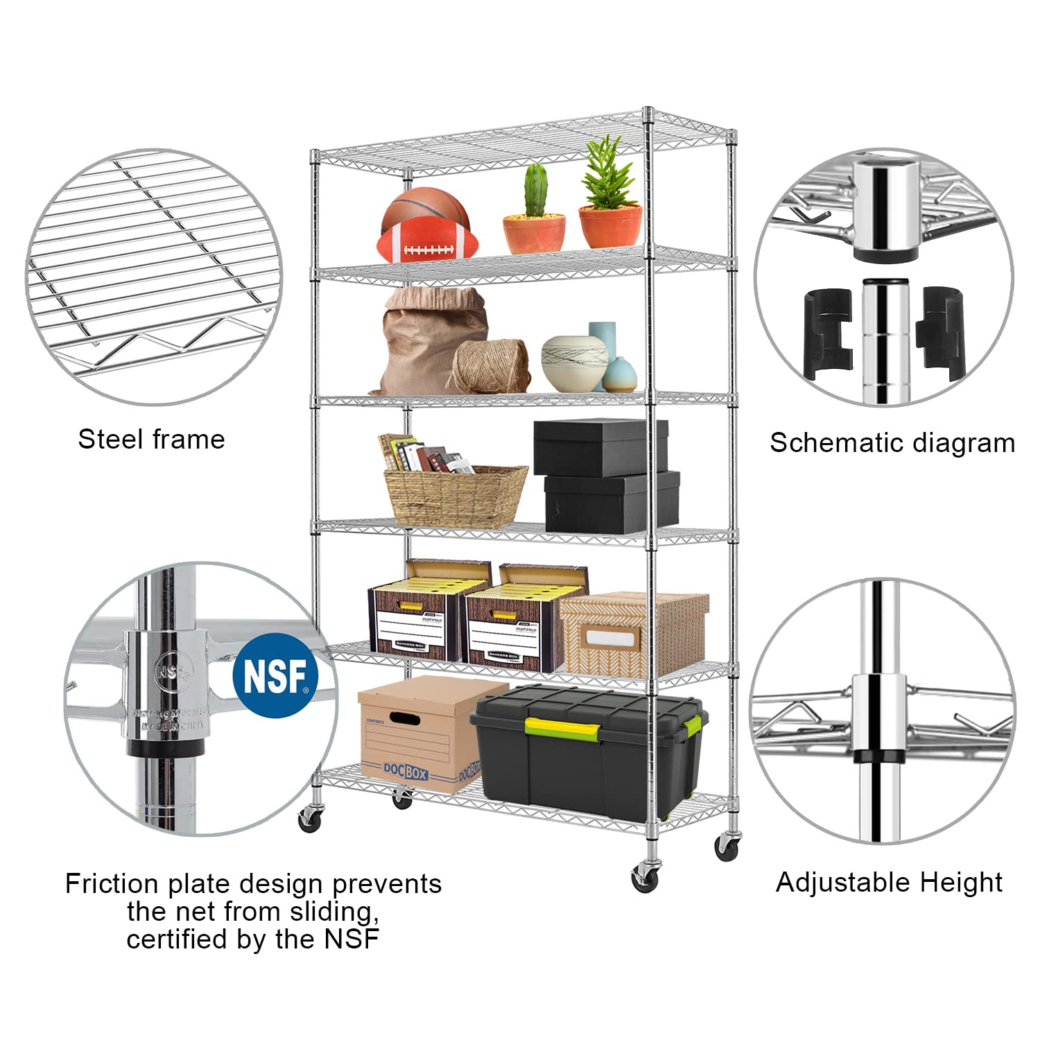 6-Tier Heavy Duty Wire Shelving Unit - NSF Certified Storage Rack 48