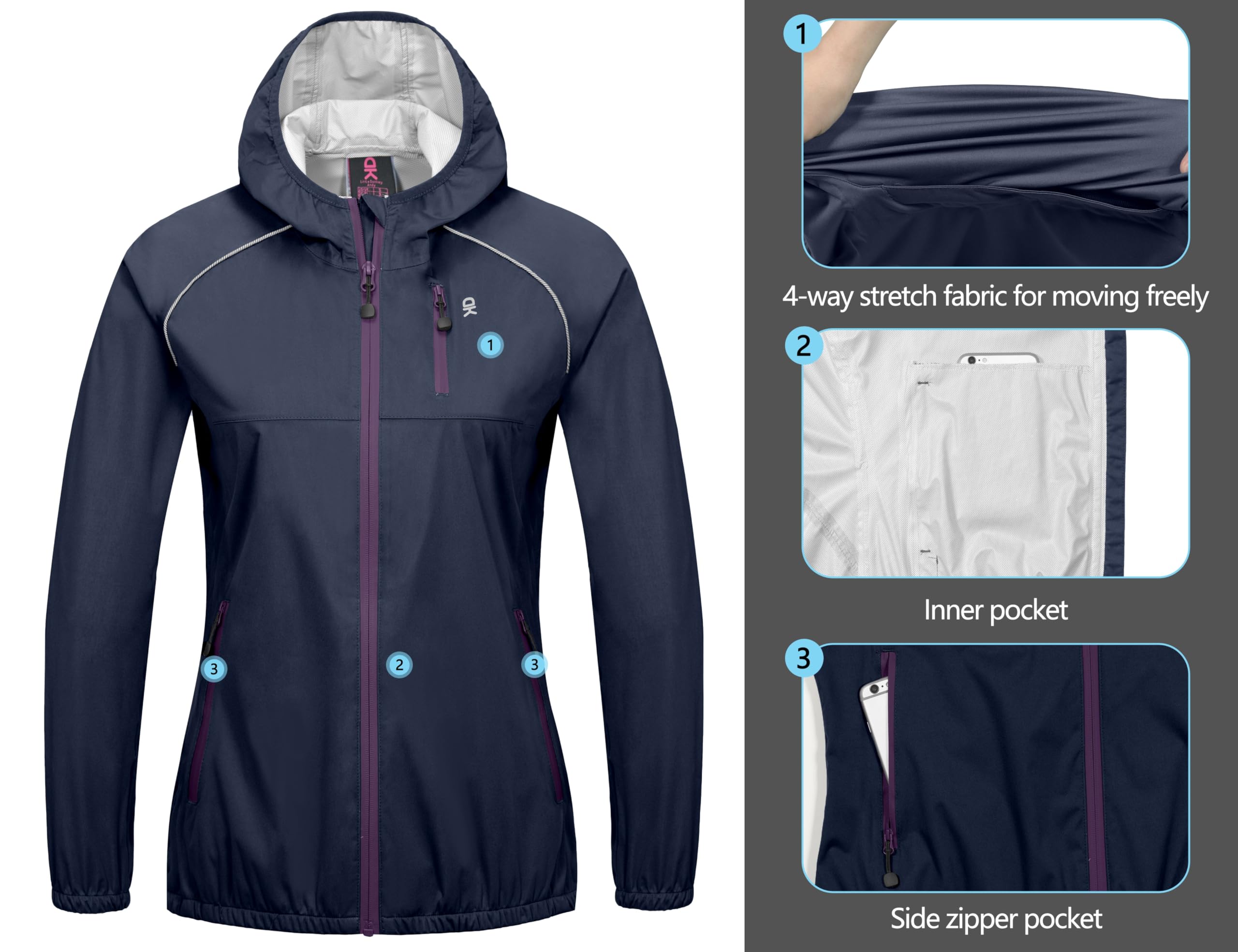 Little Donkey Andy Women's Lightweight Waterproof Cycling Jacket with Hood - Windproof, Stretchable & Packable Raincoat for Outdoor Biking, Hiking & Commuting