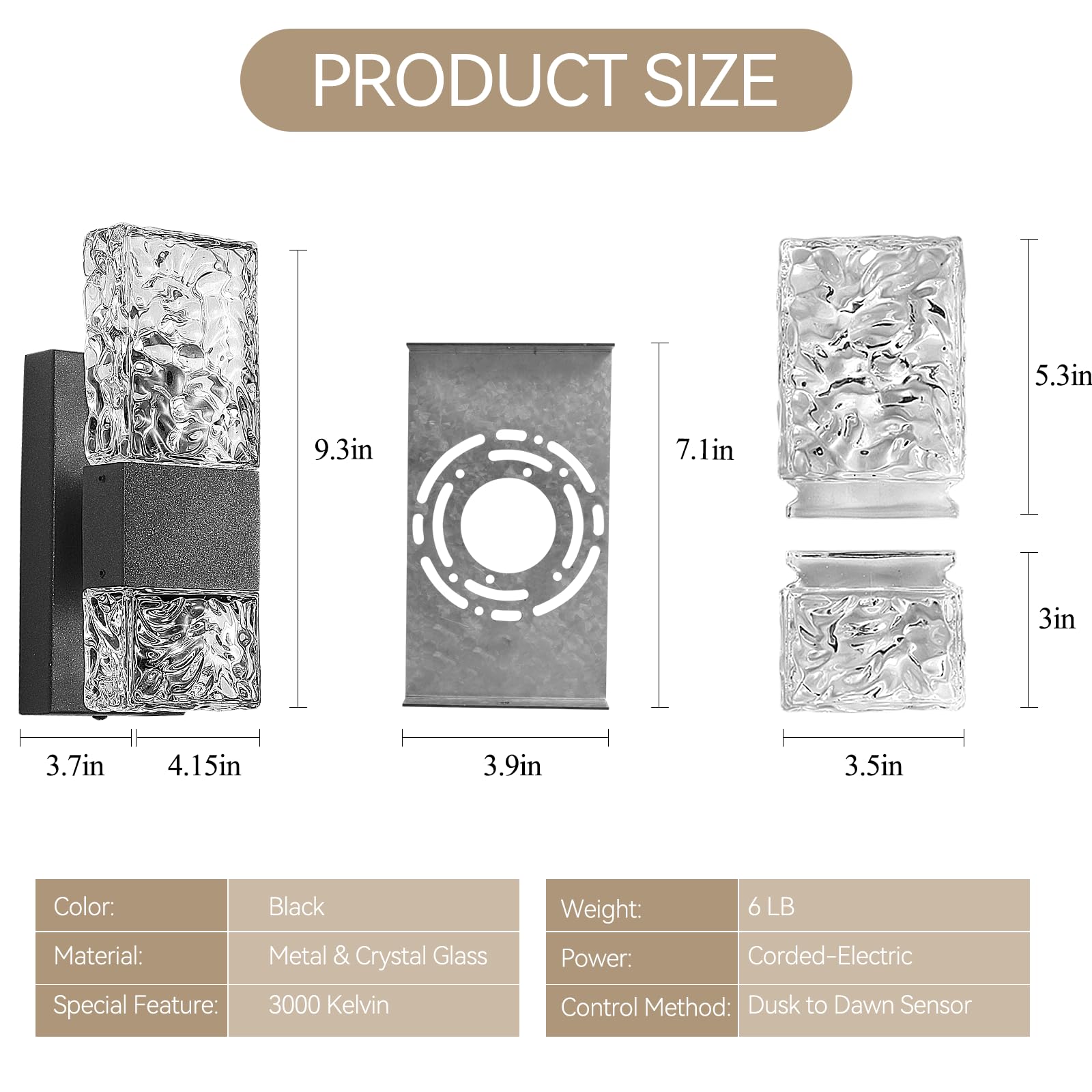 Modern Waterproof LED Outdoor Wall Sconce Lights - Dusk to Dawn Up/Down Porch Lighting with Ripple-Textured Crystal Glass - Exterior Wall Mount Fixtures for House, Garage, Patio & Garden (Weatherproof for All Seasons)