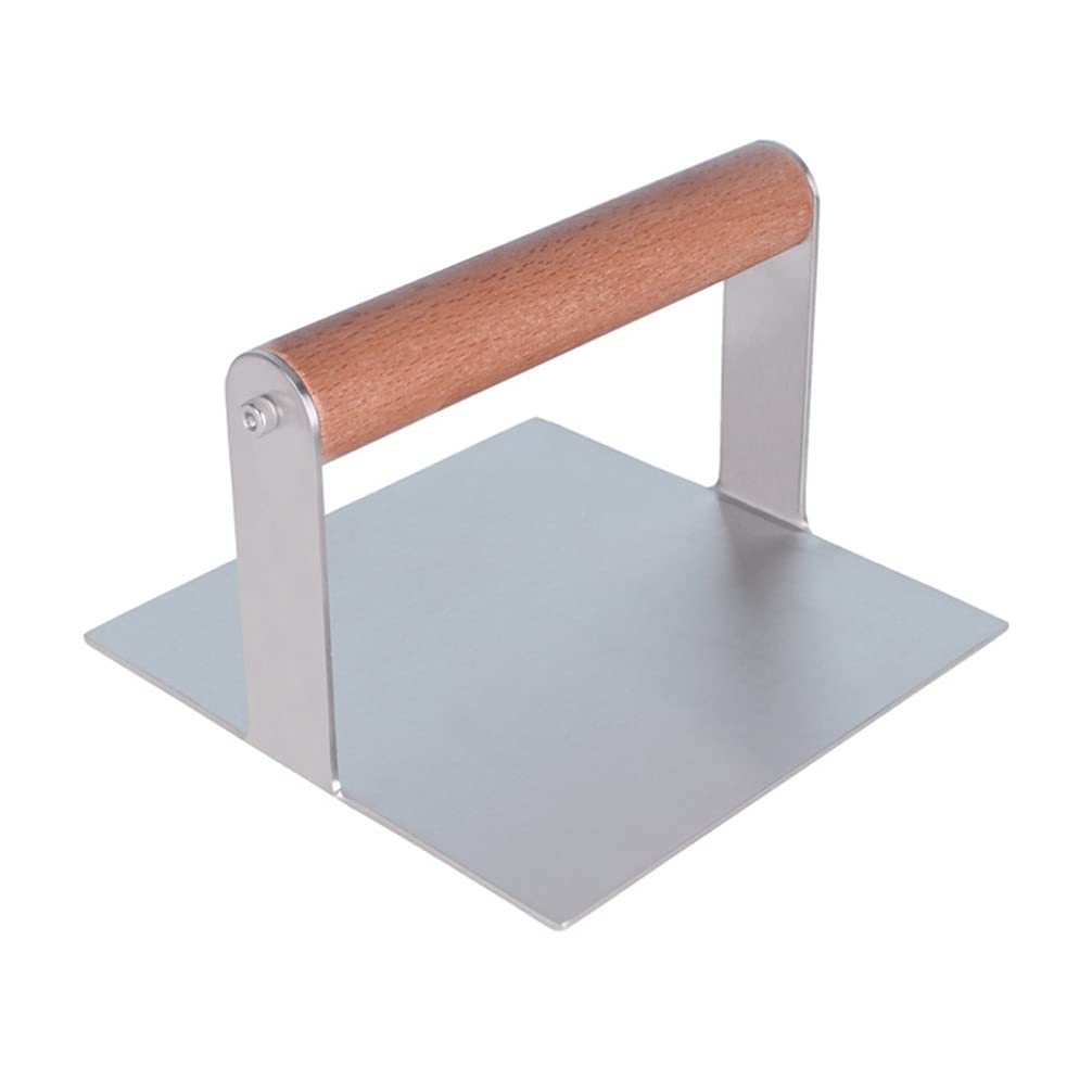 Premium Stainless Steel Burger Press with Wooden Handle - 14x9cm Square Patty Maker for Hamburgers, Meatloaf & Dumplings - Heavy Duty Grill Press for BBQ, Griddle & Kitchen Use