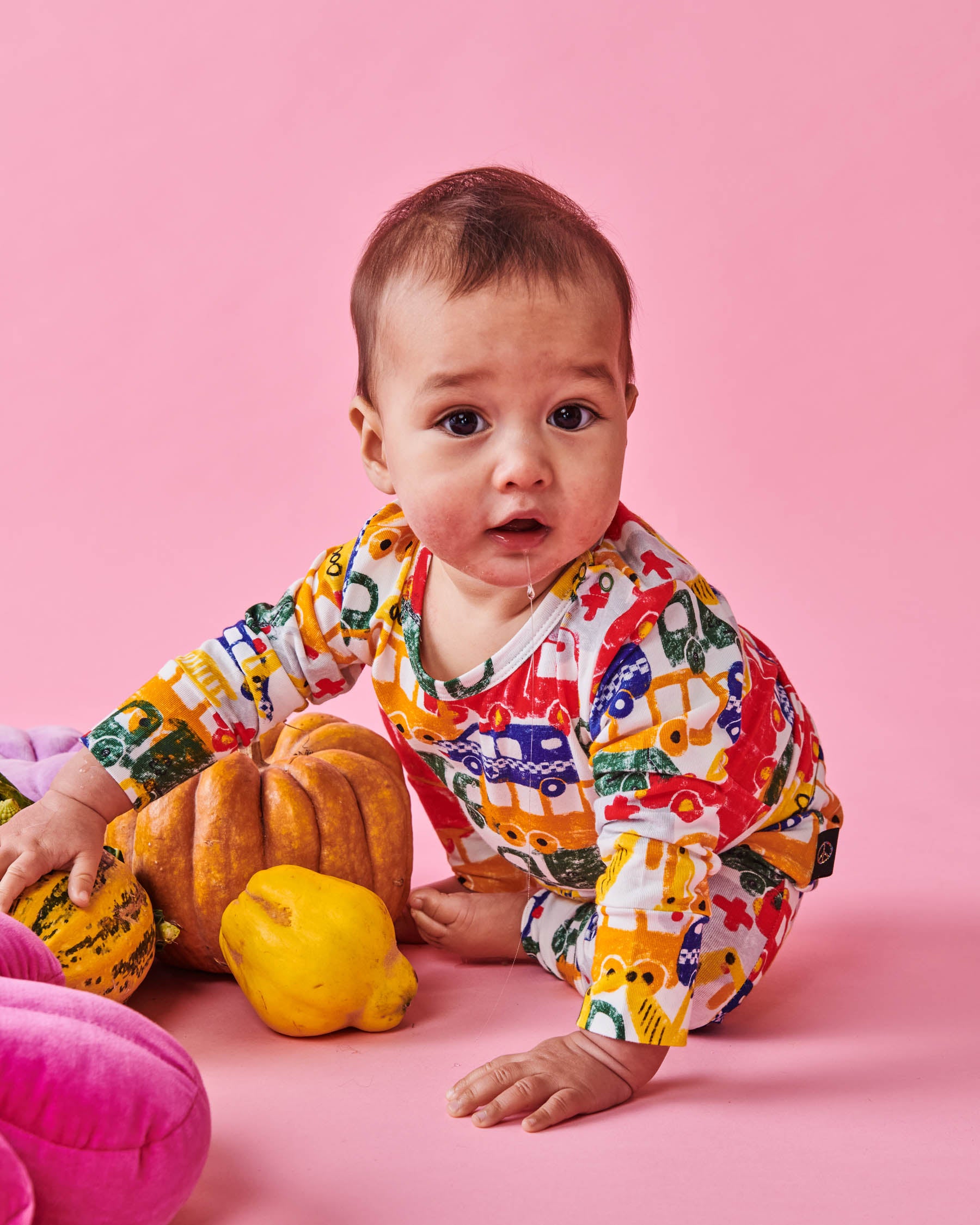 Organic Cotton Long Sleeve Baby Romper with Big Wheels Print - Soft & Comfortable One-Piece Outfit for Infants & Toddlers - Perfect for Playtime, Daycare & Family Photos