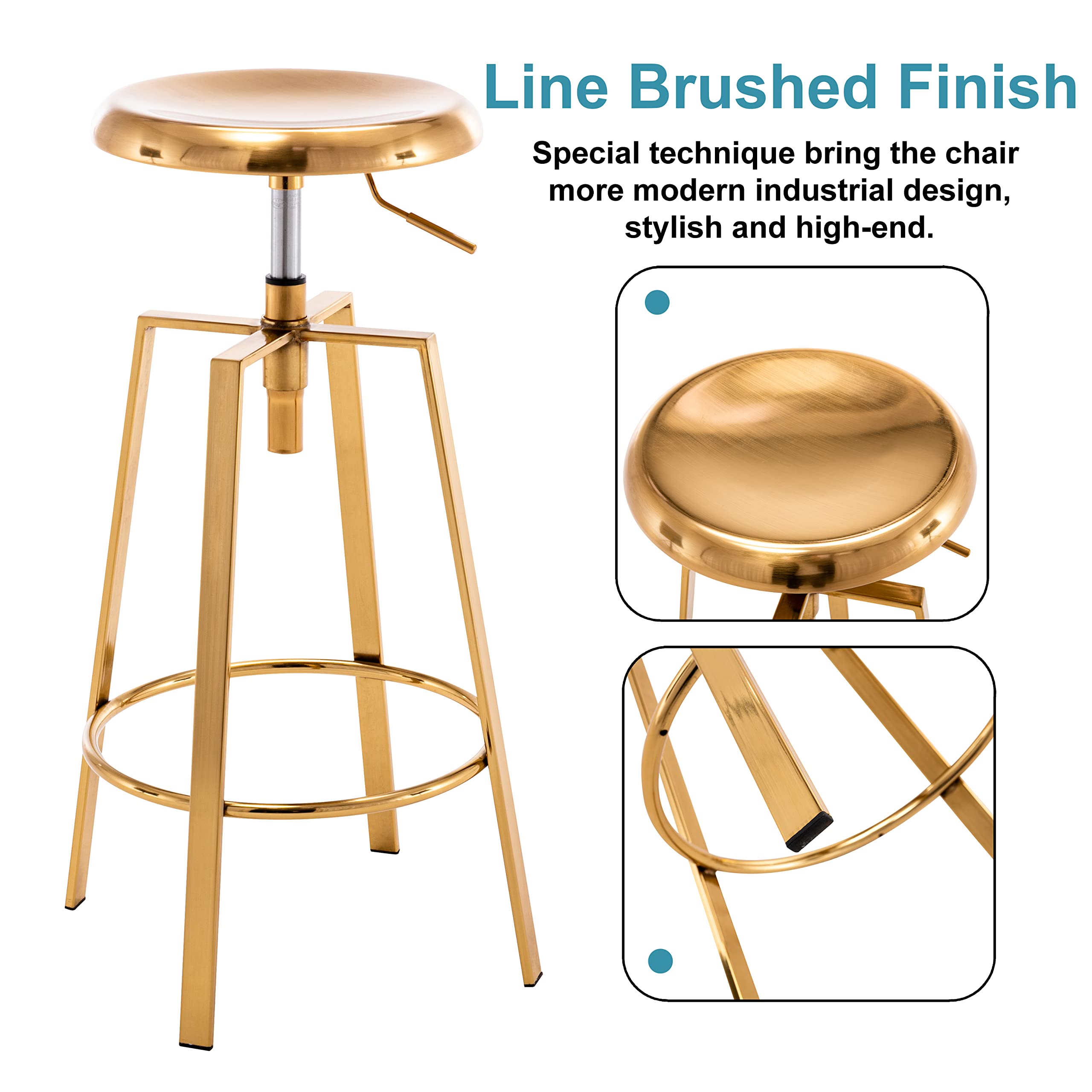 Adjustable Industrial Bar Stool Set of 2 - Swivel Round Metal Barstools with Armless Metal Frame, Counter Height Bar Chairs for Kitchen, Bistro, Pub & Home Bar - Gold (Perfect for Entertaining & Dining)