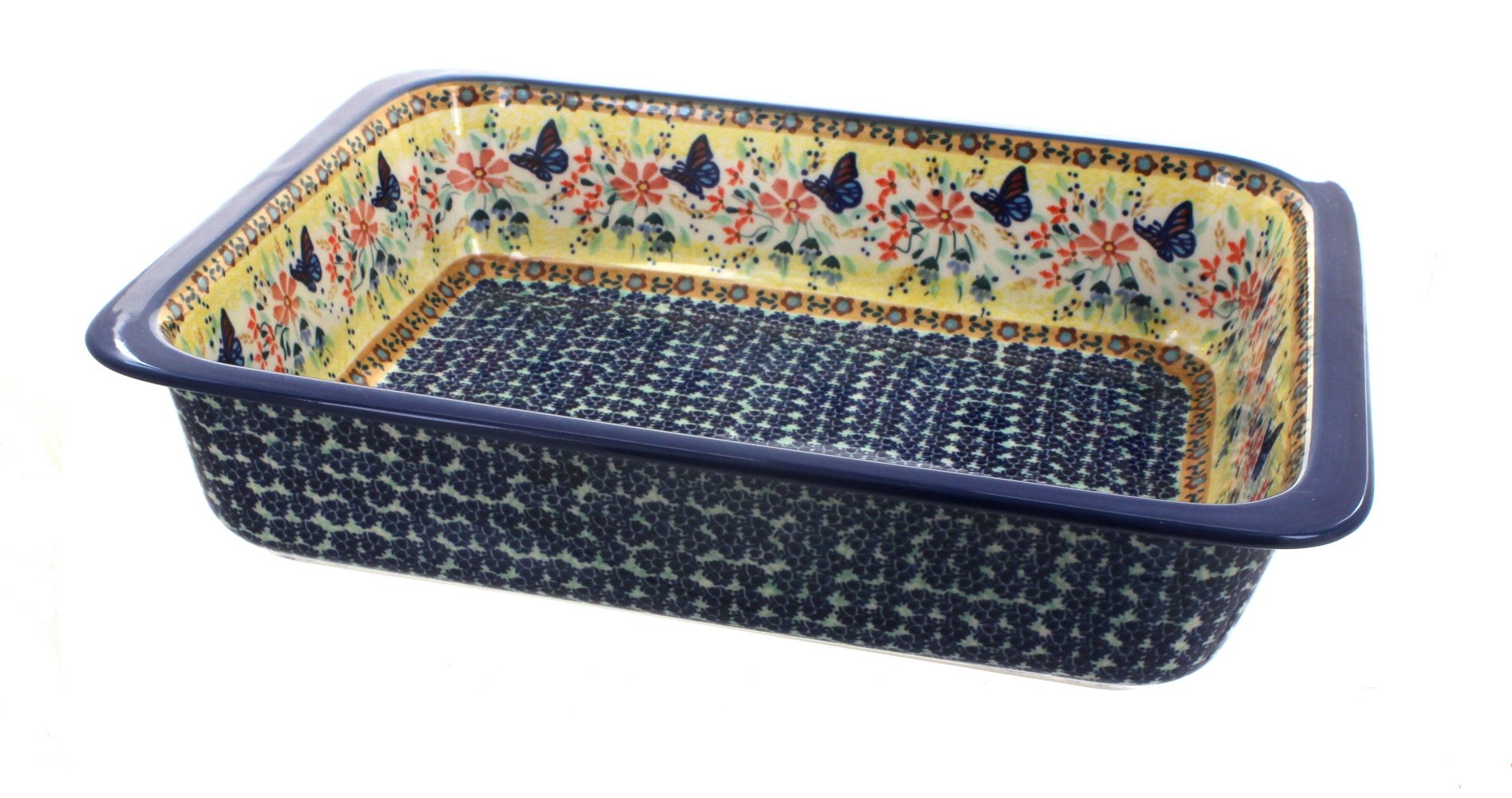 Blue Rose Polish Pottery Blue Butterfly Large Rectangular Baker - Handmade Ceramic Baking Dish for Casseroles, Lasagna & Desserts | Perfect for Oven, Serving & Gift Giving