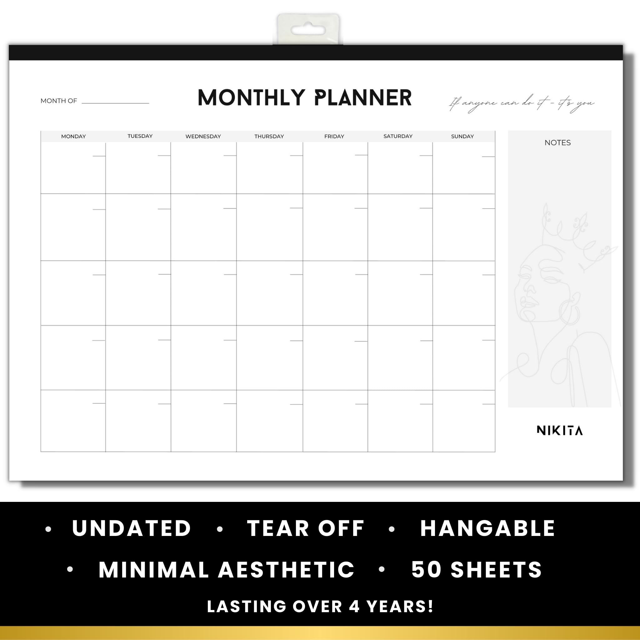 NIKITA Monthly Planner Pad - Undated A3 Wall Calendar (36 x 26cm) - 50 Tear-Off Sheets - Black & White Design - Home & Office Organization - Perfect for Family Planning, Work Schedules, and School Reminders