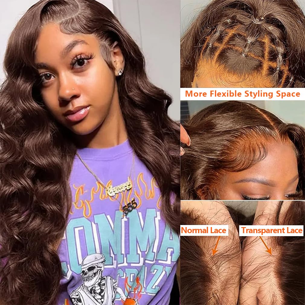 28 Inch 200 Density Chocolate Brown Lace Front Wig Human Hair | 13x6 HD Transparent Body Wave Lace Front Wigs | Pre-Plucked Natural Hairline | #4 Colored Human Hair Frontal Wigs for Women | Perfect for Daily Wear, Parties, Cosplay & Special Occasions