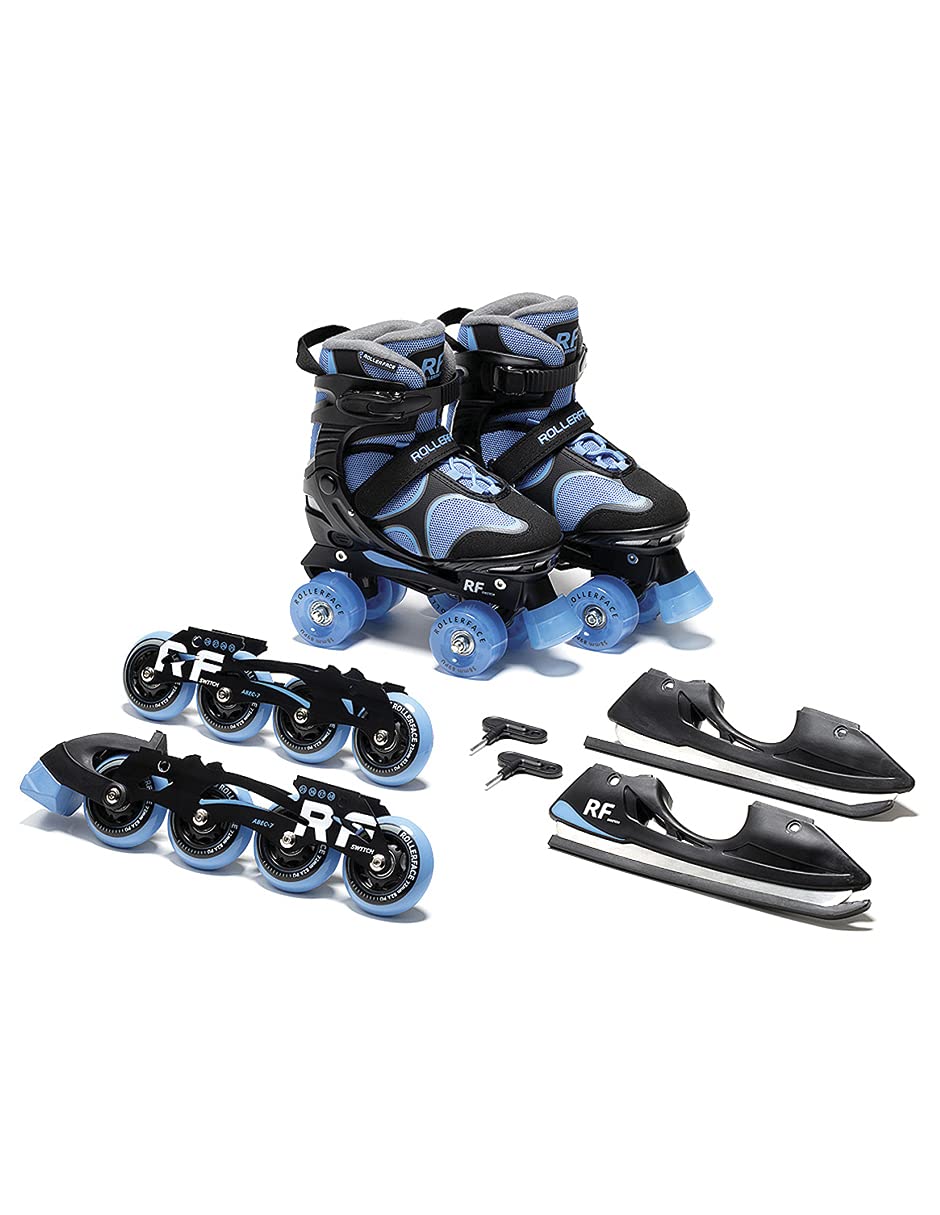 Rollerface Switch 3-in-1 Adjustable Skates - Convertible Inline, Roller & Ice Skates for Sports & Outdoor Fun (Fits 3 Sizes) - Perfect for Kids, Teens & Family Recreation at Parks, Rinks & Trails
