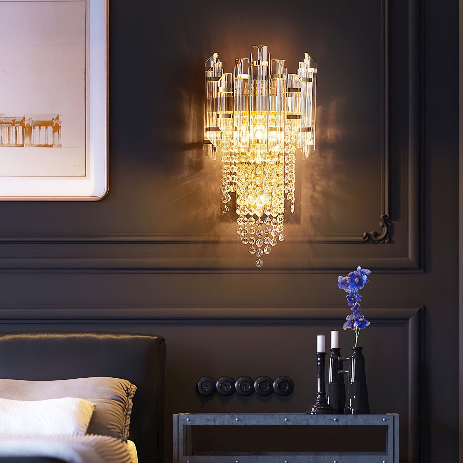 Crystal Tiered Wall Sconce - Elegant Clear Glass Light Fixture for Living Room, Bedroom, or Hallway Decor