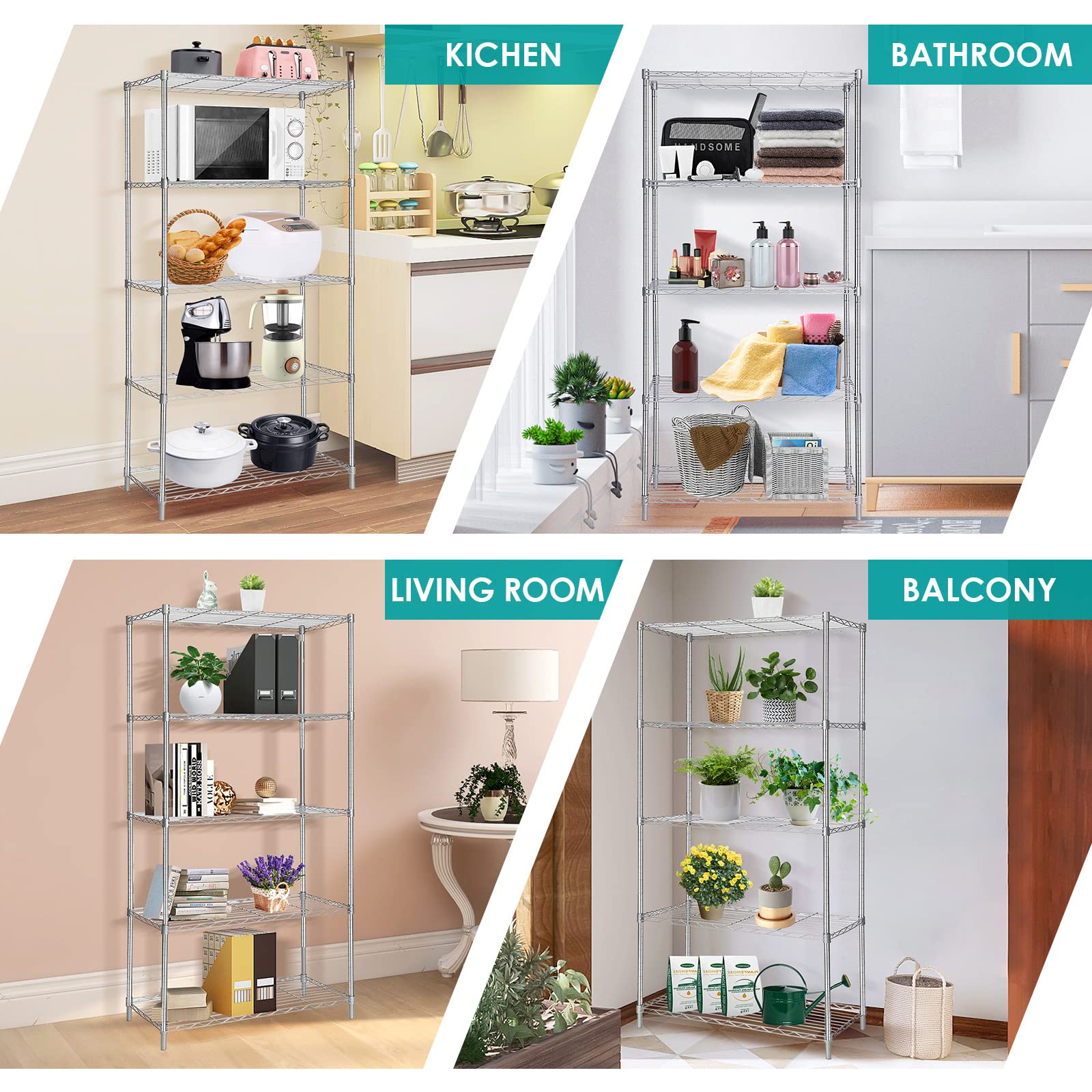 BNSPLY 5-Tier Adjustable Metal Wire Shelving Unit - 13.4