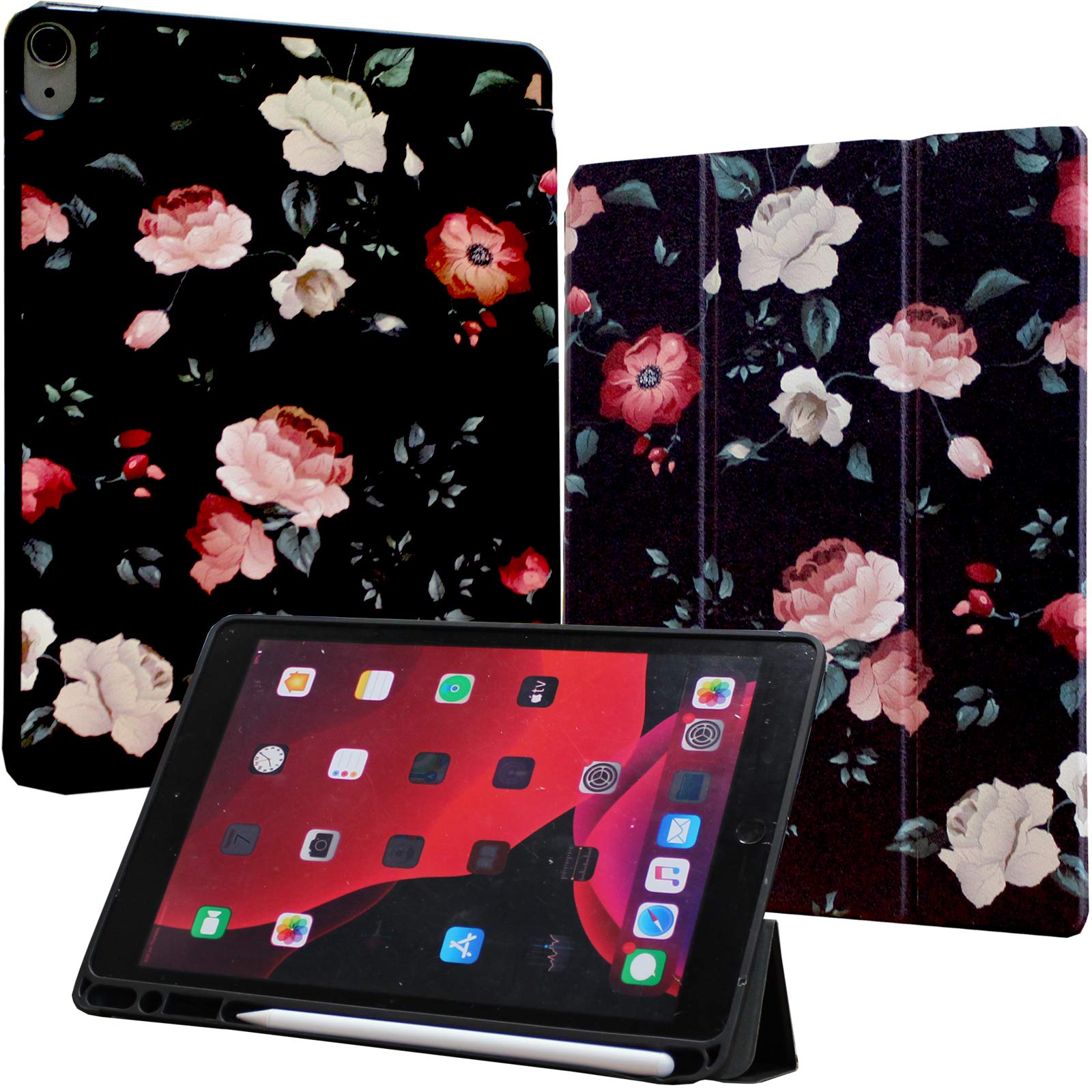 JYtrend Shockproof Trifold Stand Case for iPad Air 5th Gen (2022) & 4th Gen (2020) - Protective Cover with Auto Sleep/Wake for 10.9 inch iPad Air A2588 A2589 A2591 A2316 A2324 A2072 (Black Flower) - Perfect for Work, Study & Travel