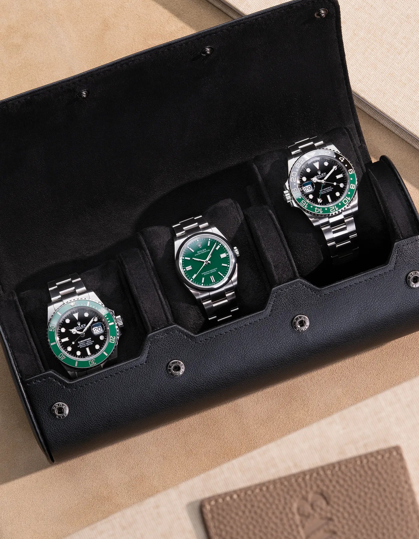 3 Slot Watch Roll - Black | Premium Leather Watch Organizer for Travel & Storage | Perfect for Men's Luxury Watches & Accessories
