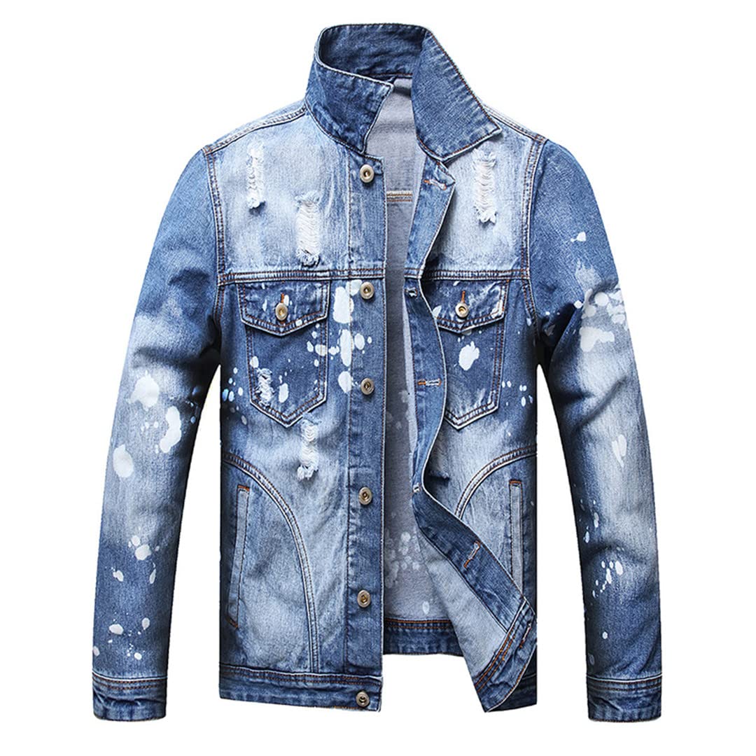 Men's Distressed Ripped Denim Jacket with Paint Splatter - Vintage Patchwork Jean Coat with Turn-Down Collar | Casual Streetwear for Urban Fashion & Night Out