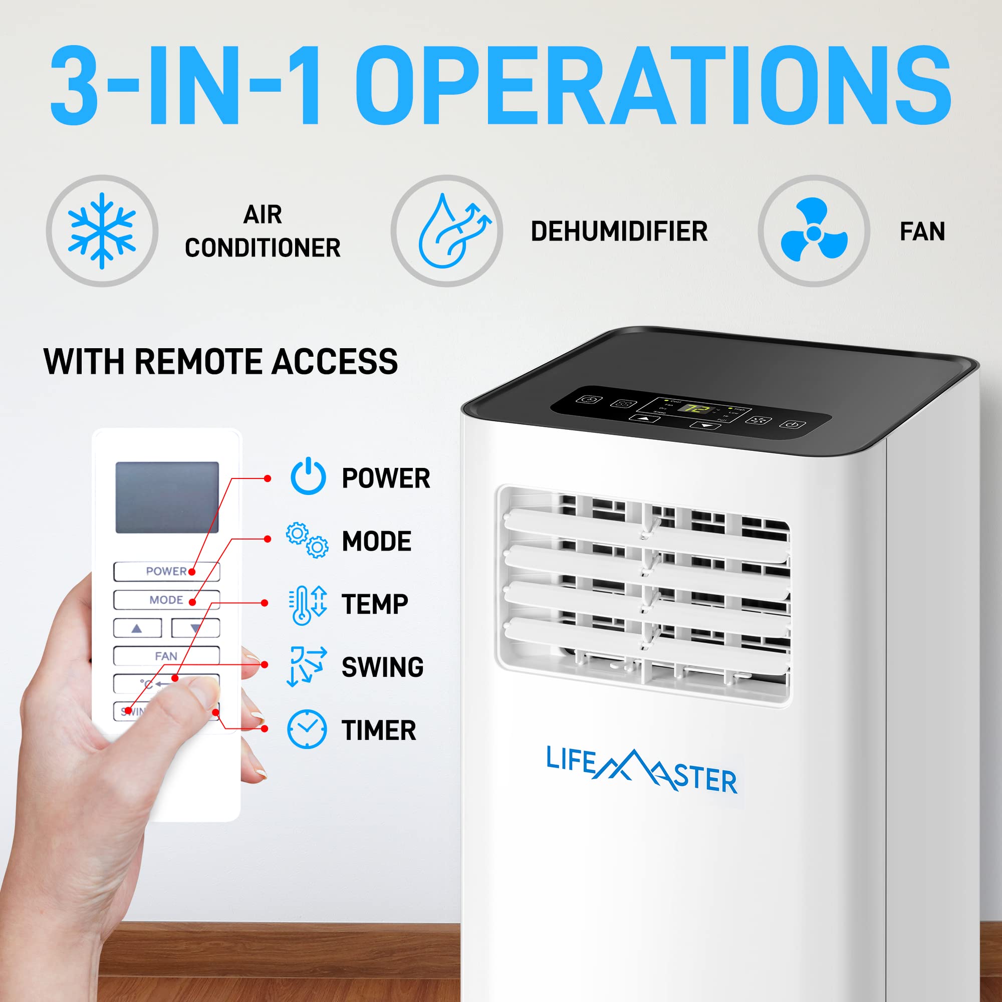 8,000 BTU Portable Air Conditioner with Digital Remote - Cools Rooms up to 350 Sq.Ft - 3-in-1 AC Unit with Installation Kit for Home, Office, Dorm - Perfect for Bedrooms, Living Rooms & Small Spaces