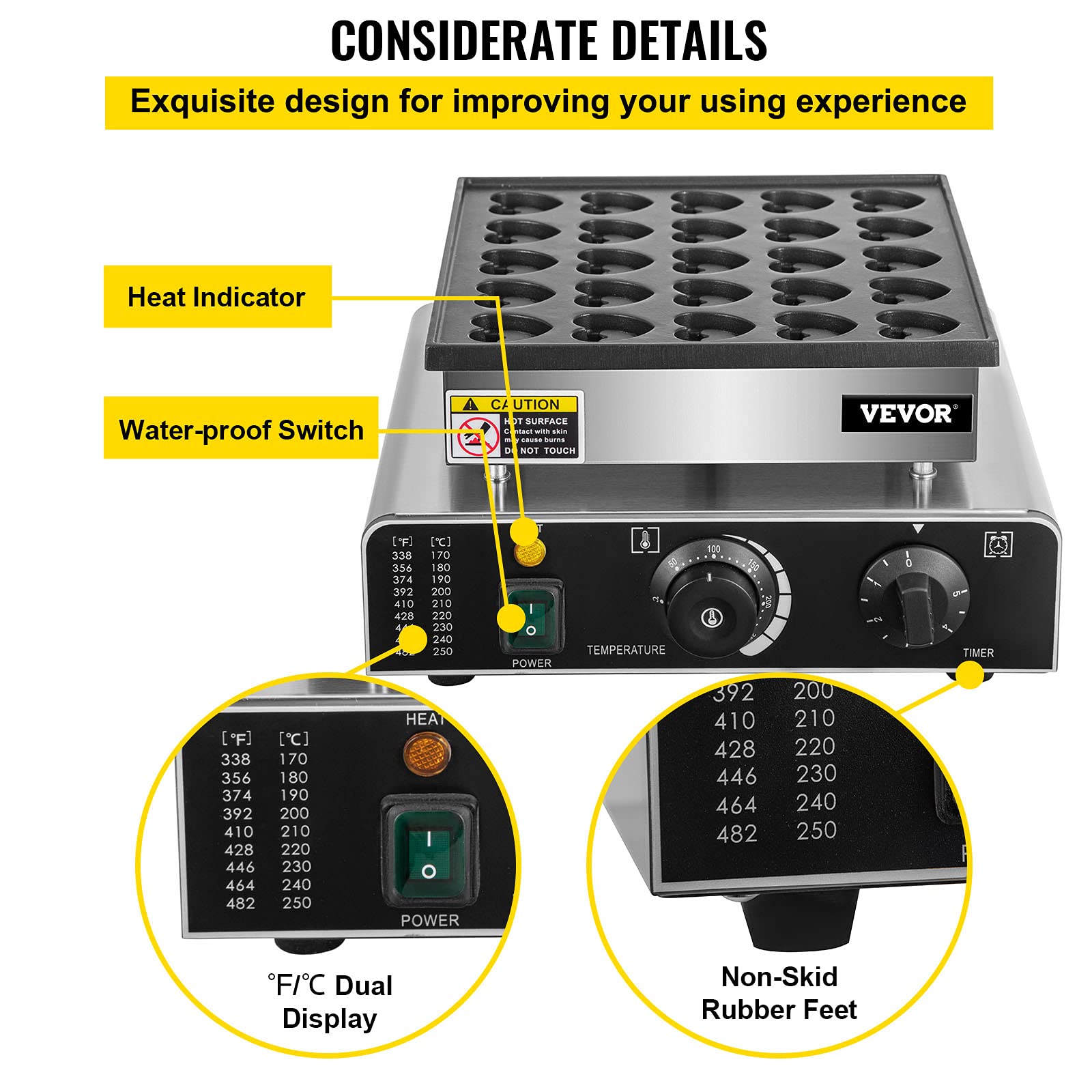 VEVOR 850W Electric Mini Dutch Pancake Maker - Heart-Shaped Commercial Proffertjes Muffin Waffle Machine, 25PCs Capacity, 110V for Kitchen, Bakery, Snack Bar | Perfect for Breakfast, Brunch, Desserts & Party Food Preparation